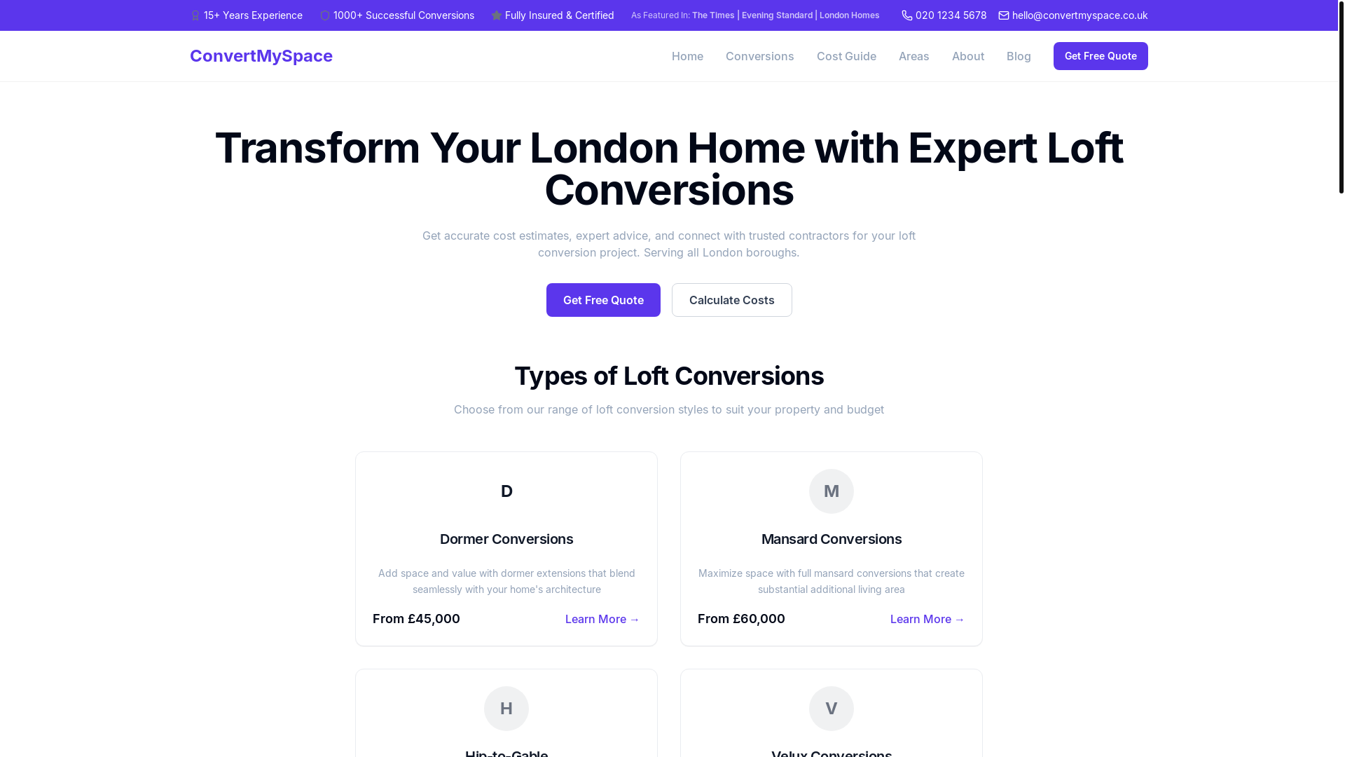 website screenshot of https://convertmyspace.co.uk/