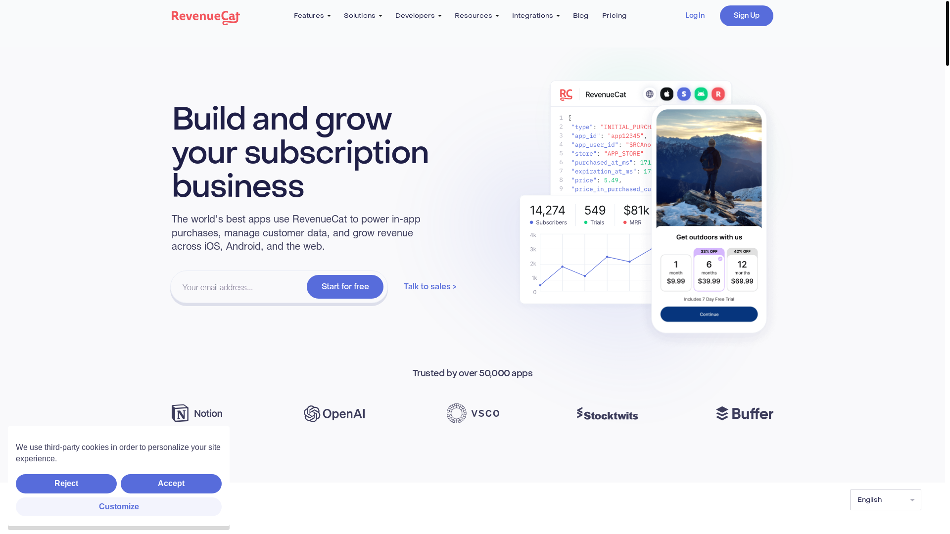 website screenshot of https://revenuecat.com