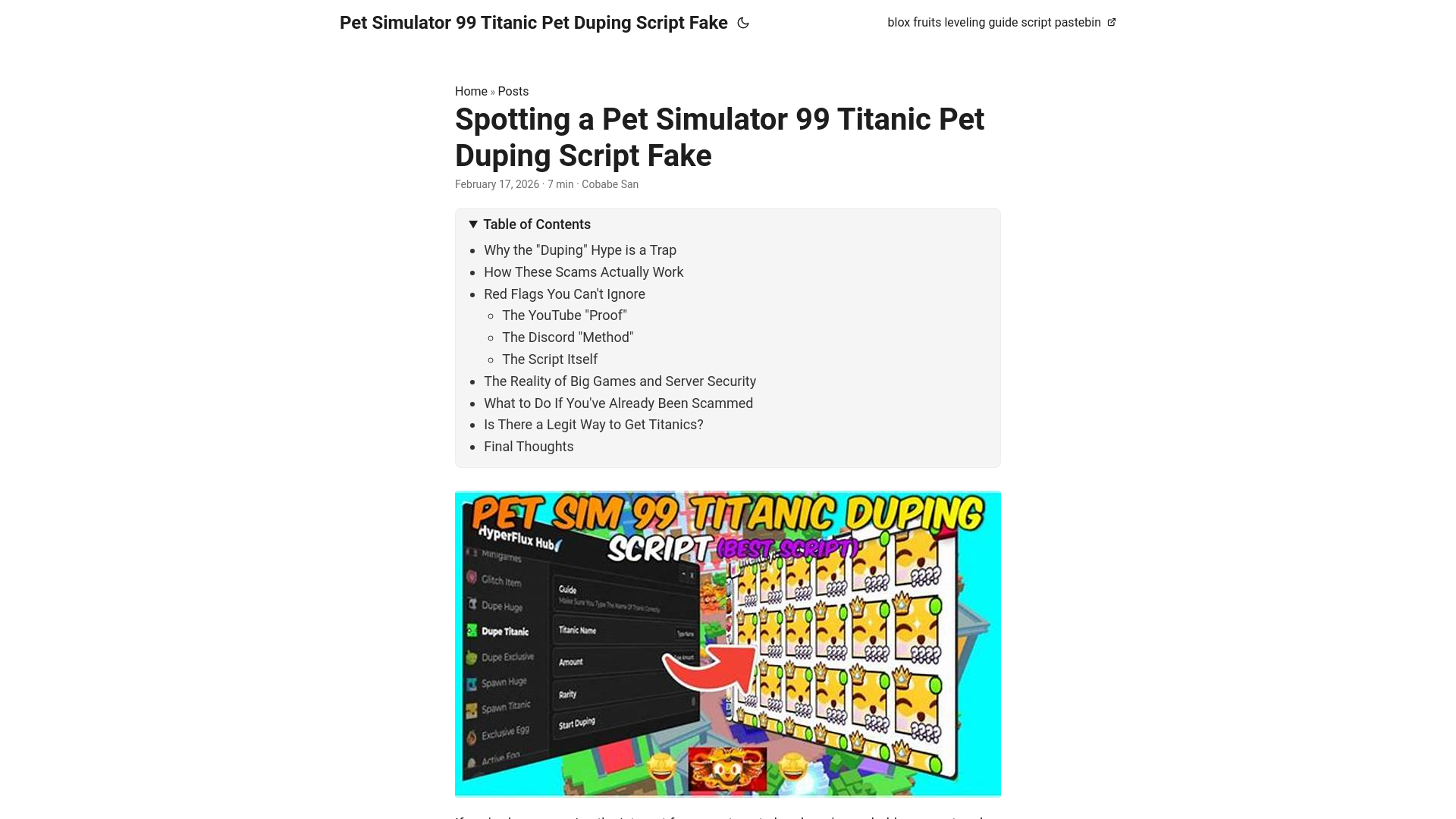 website screenshot of https://pet-simulator-99-titanic-pet-duping-script-fake.pages.dev/