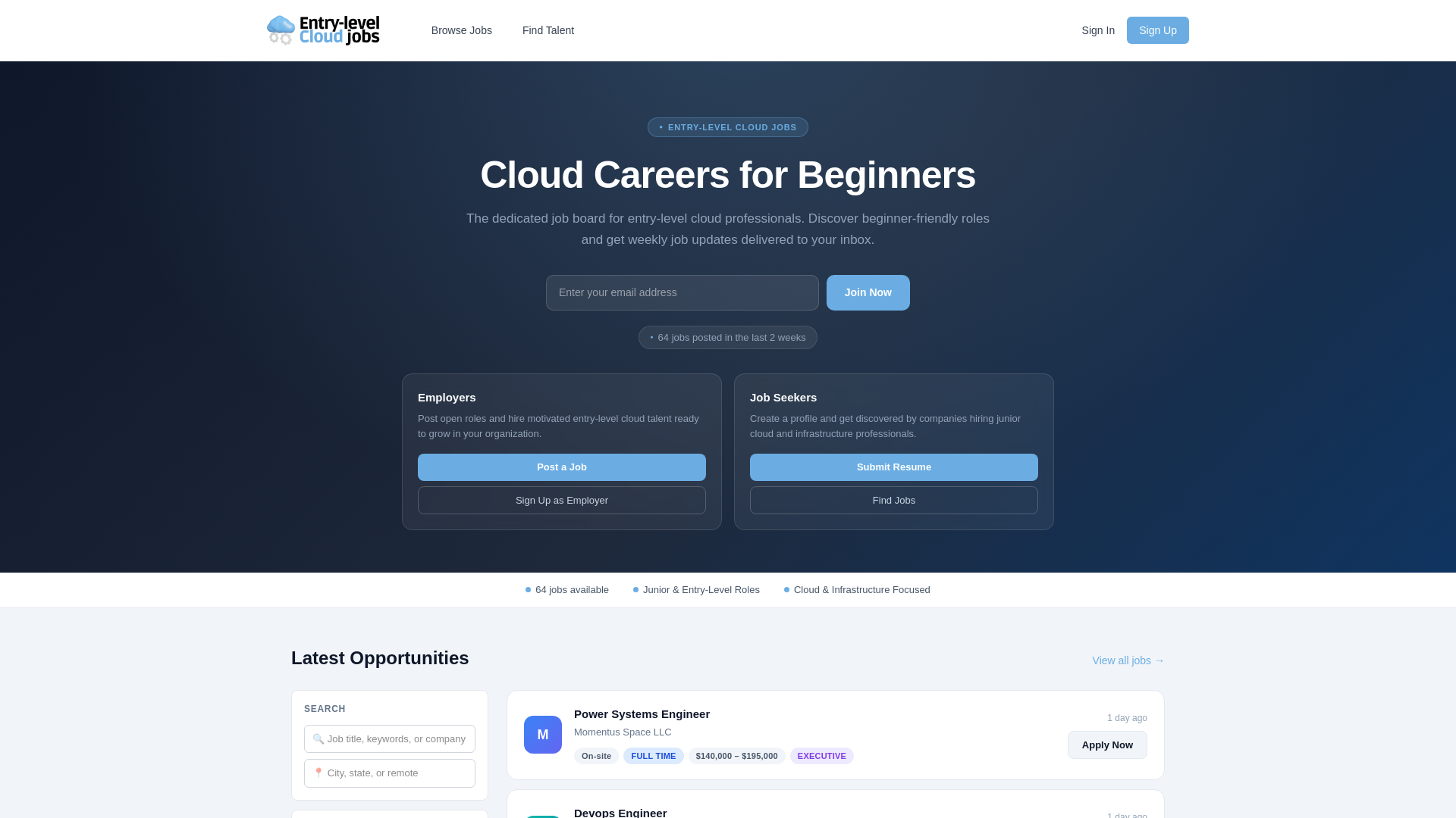 website screenshot of https://entrylevelcloudjobs.com
