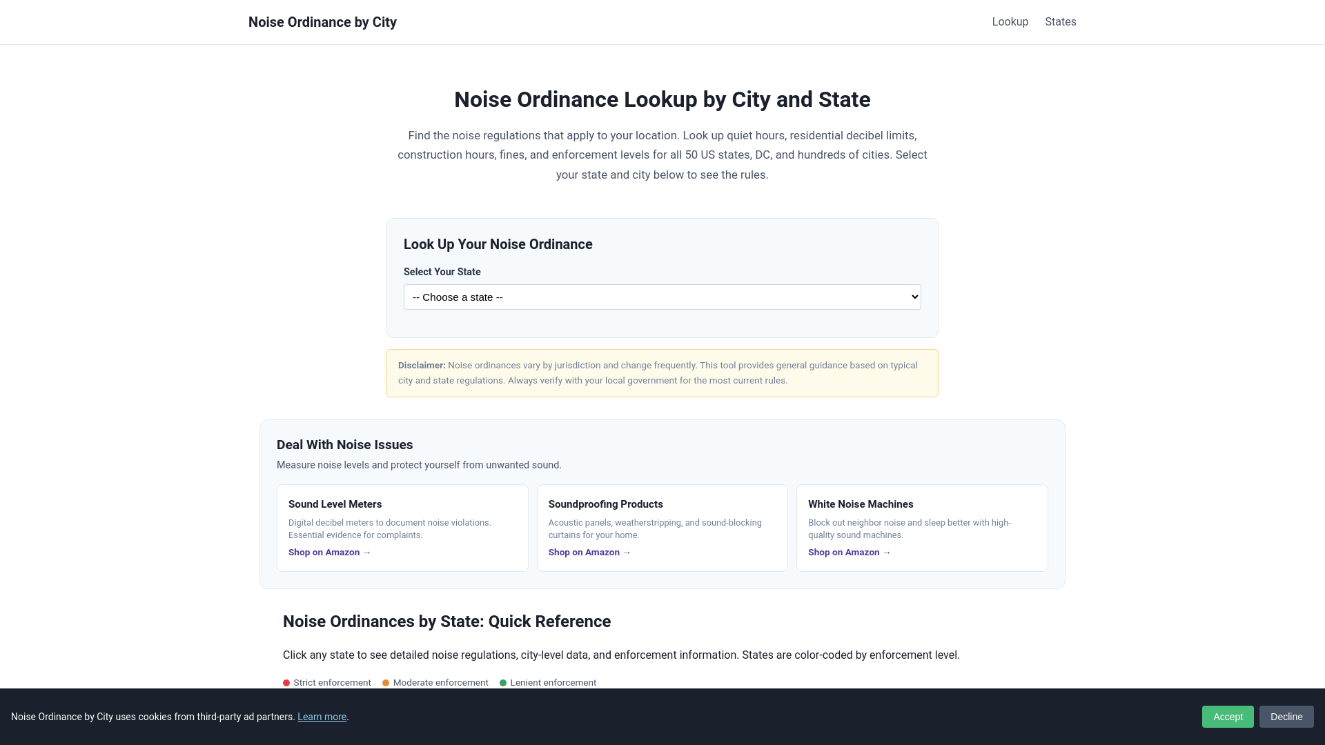 website screenshot of https://noise-ordinance-lookup.pages.dev/