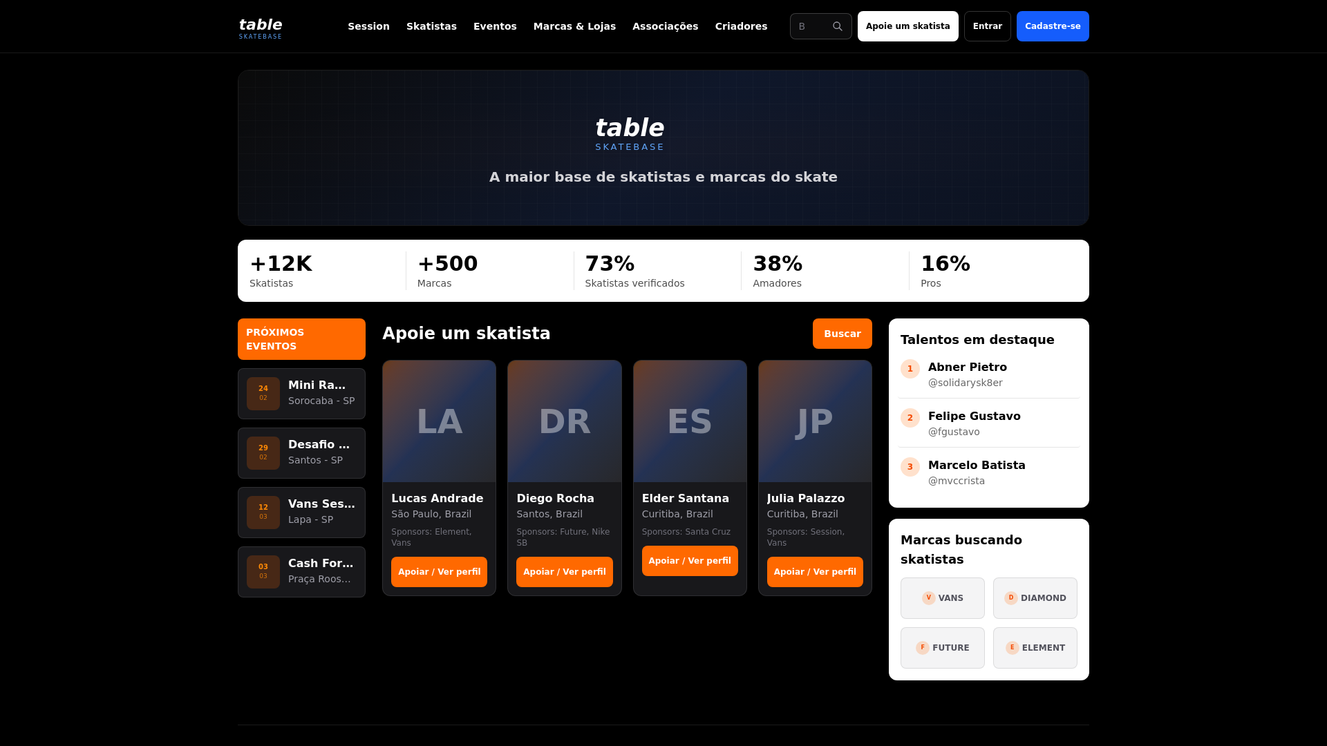website screenshot of https://tableskatebase.com.br
