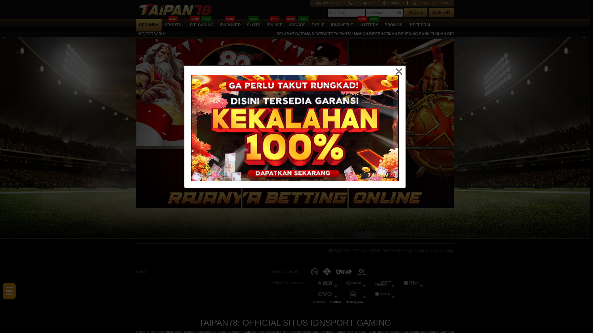 website screenshot of https://taipan78new.com/