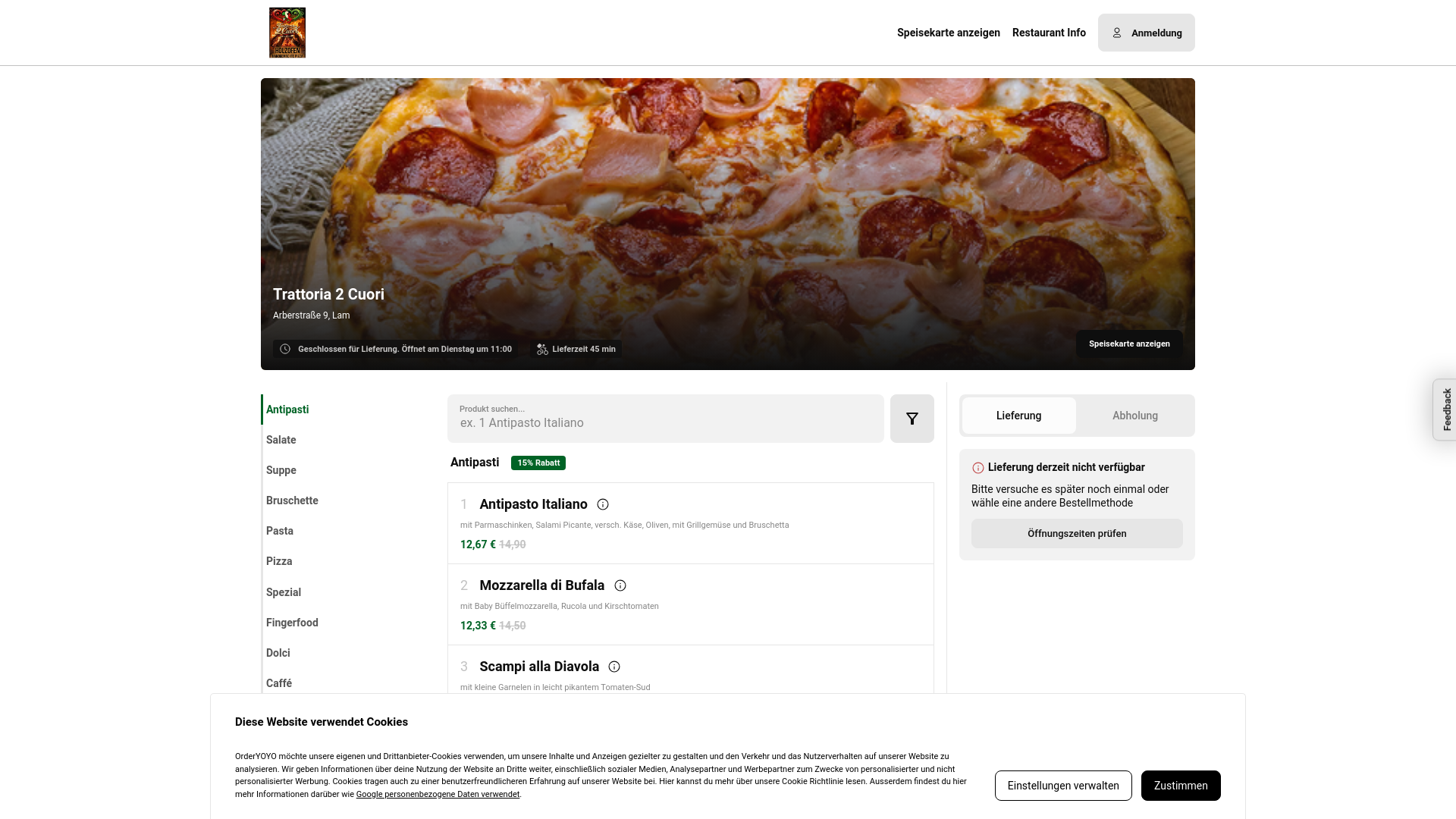 website screenshot of https://trattoria-2-cuori.de