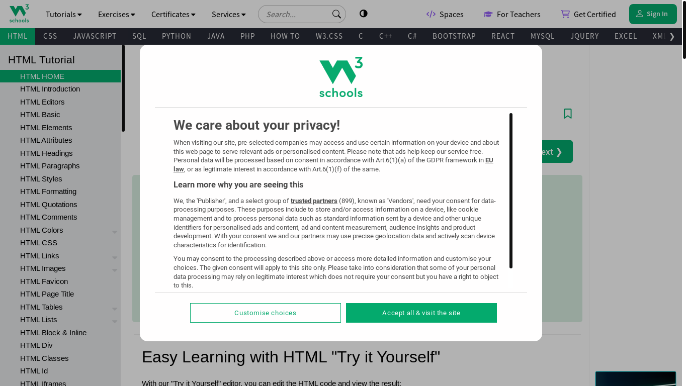 website screenshot of https://www.w3schools.com/html/