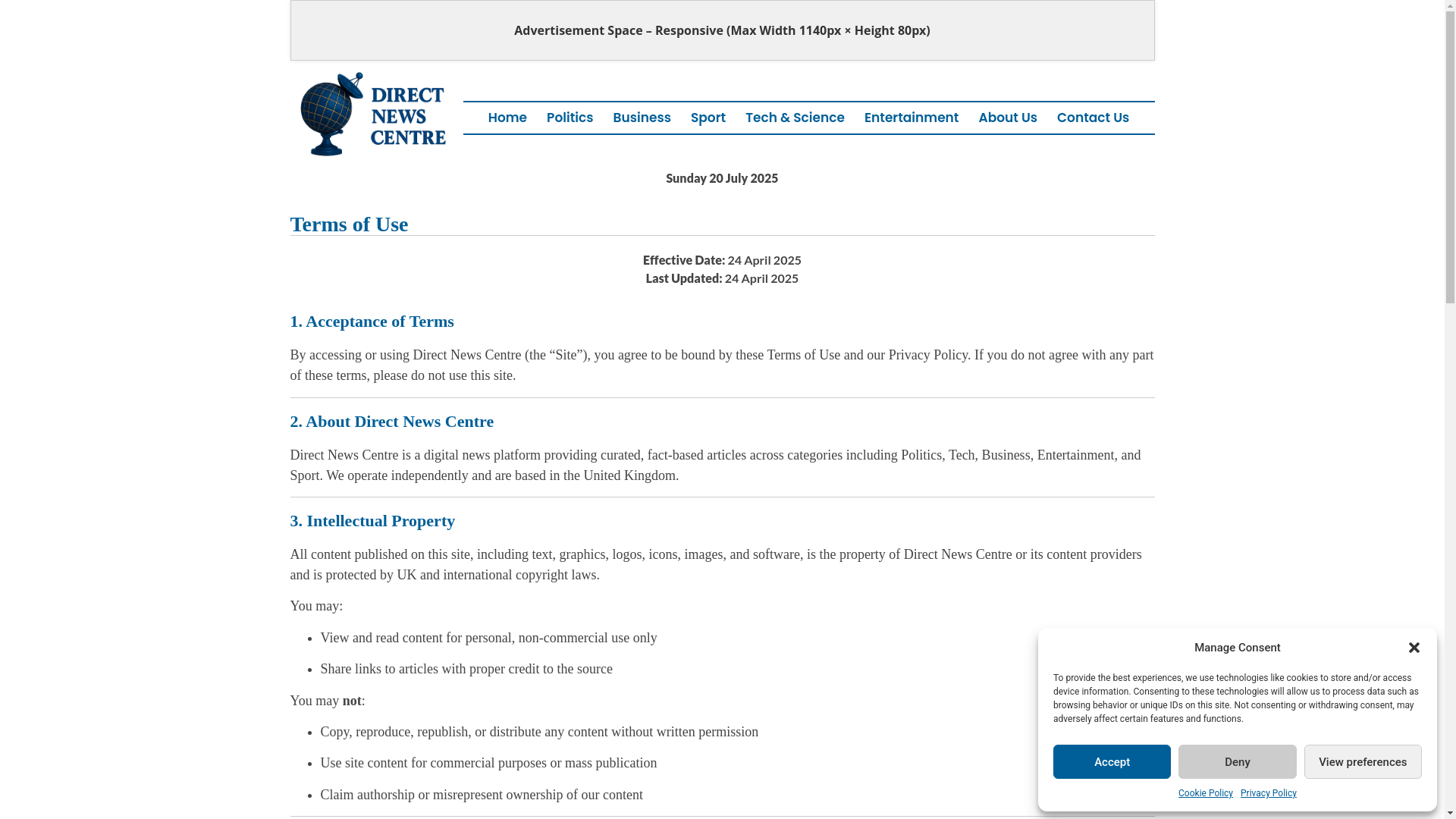 website screenshot of https://directnewscentre.com/terms-of-use/