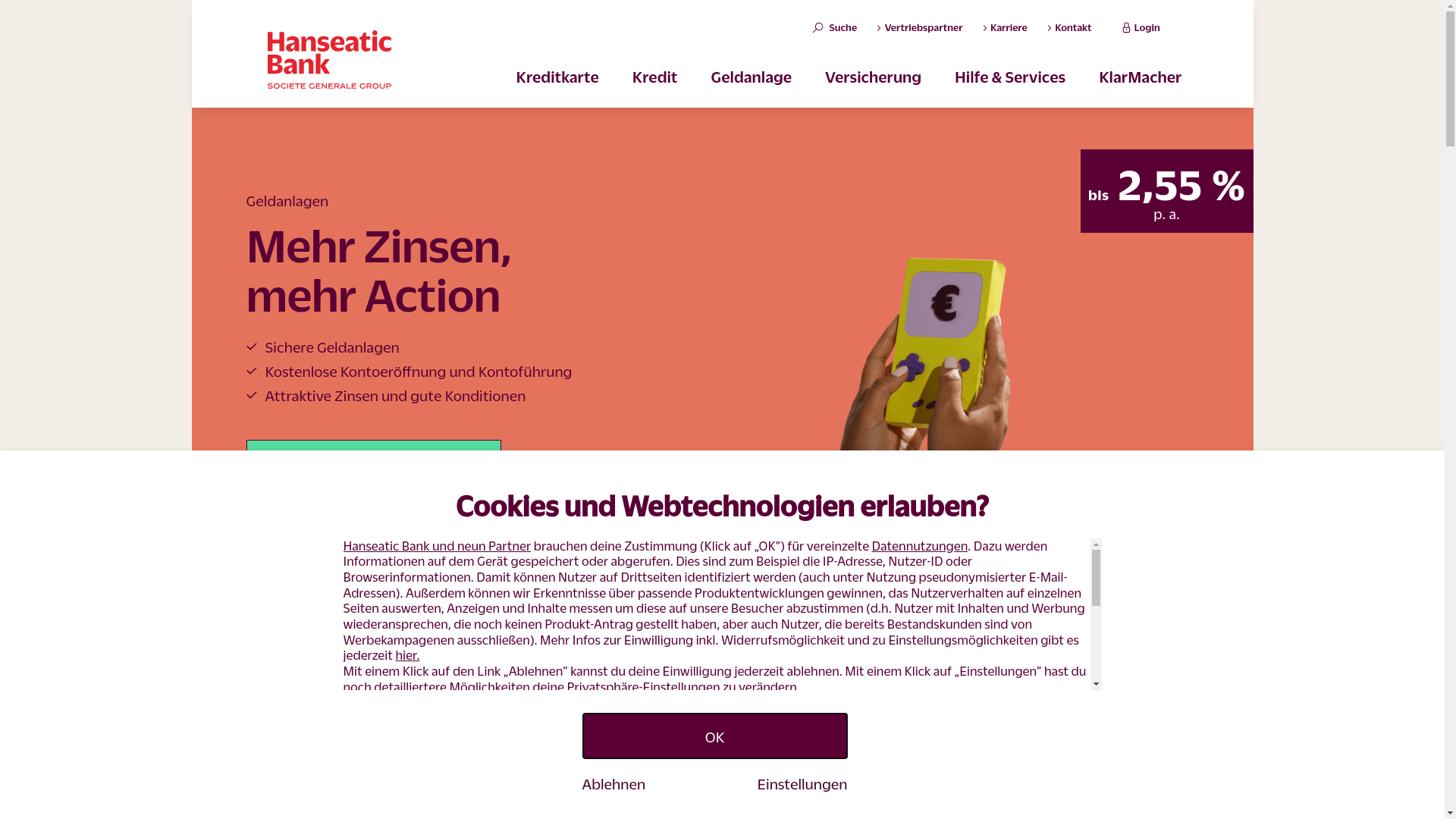 website screenshot of https://www.hanseaticbank.de/
