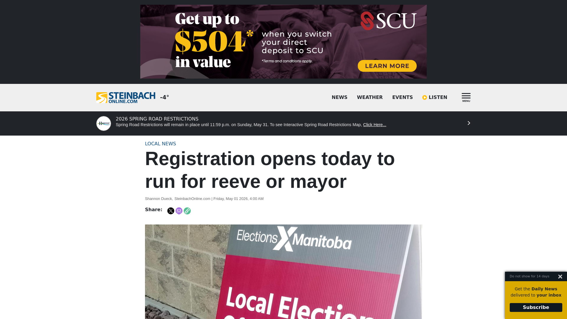 website screenshot of https://steinbachonline.com/articles/registration-opens-today-to-run-for-reeve-or-mayor
