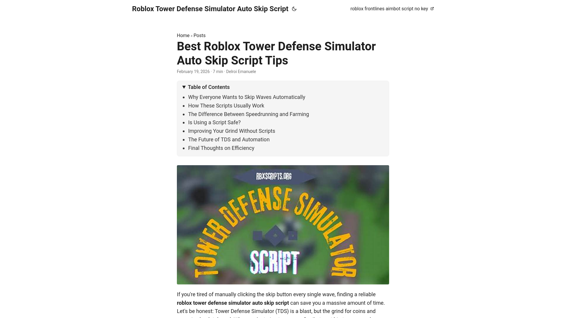 website screenshot of https://roblox-tower-defense-simulator-auto-skip-script.pages.dev/