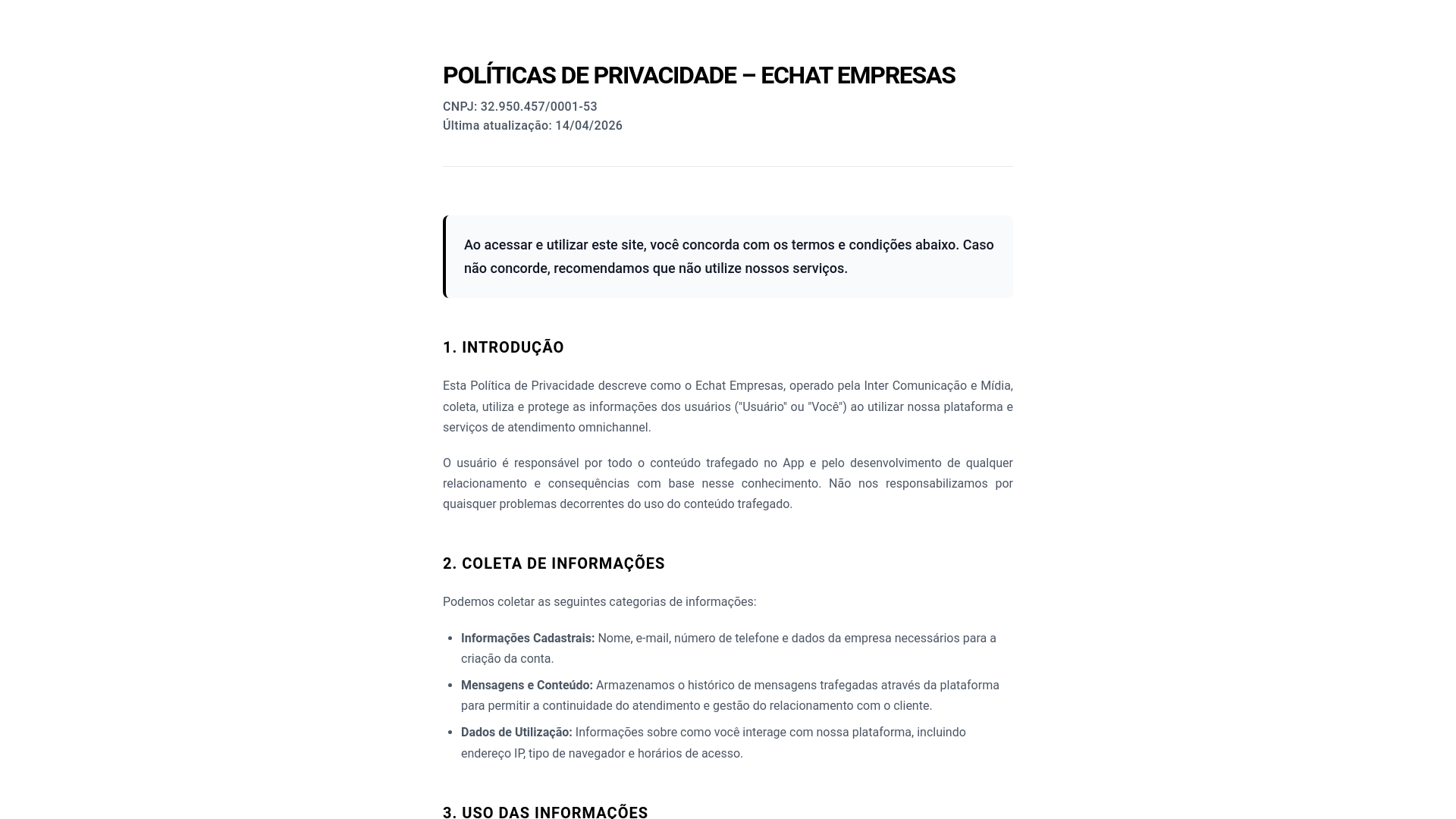 website screenshot of https://pol-ticas-de-privacidade---echat.pages.dev/