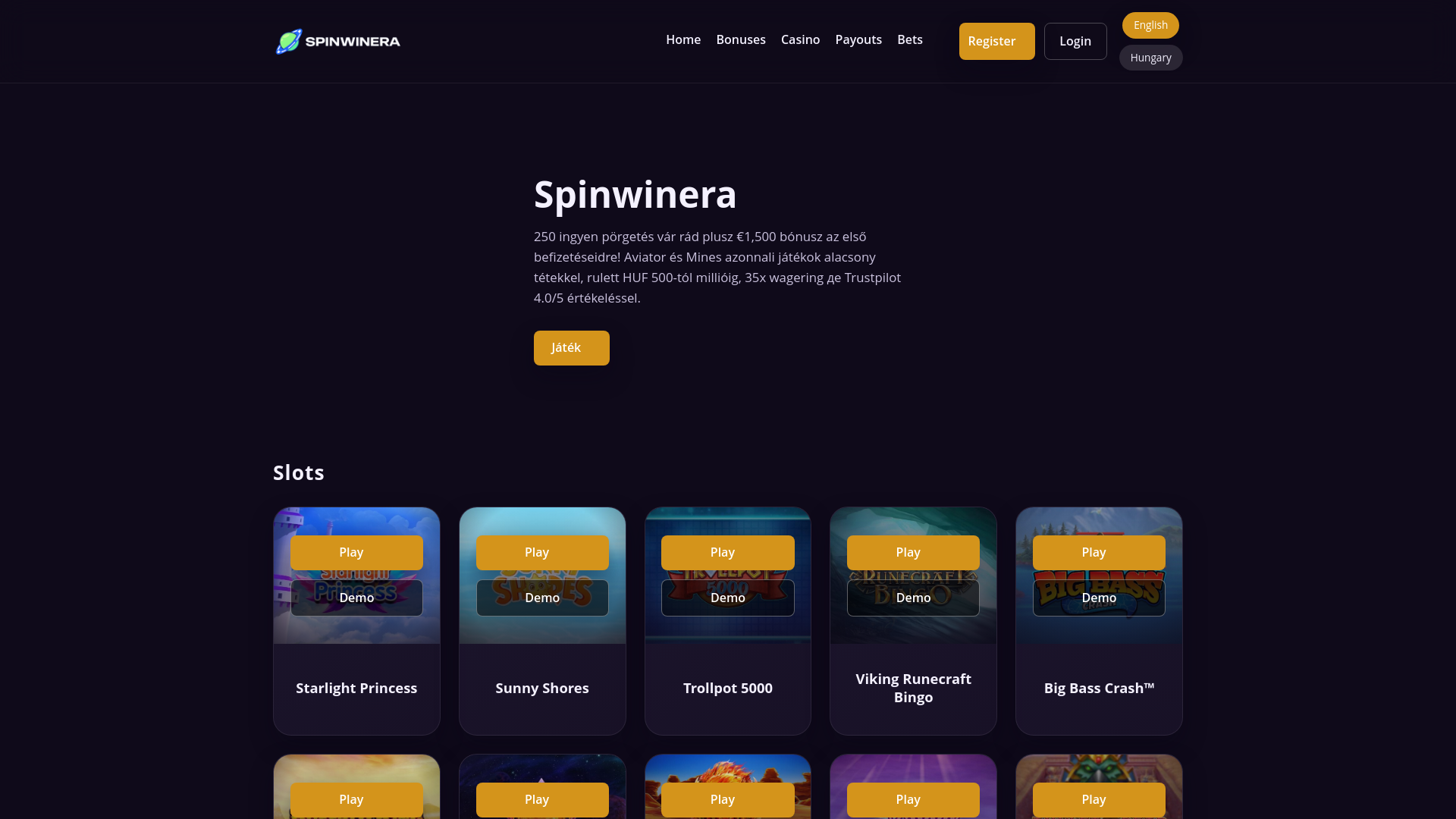 website screenshot of https://spinwinera.games/
