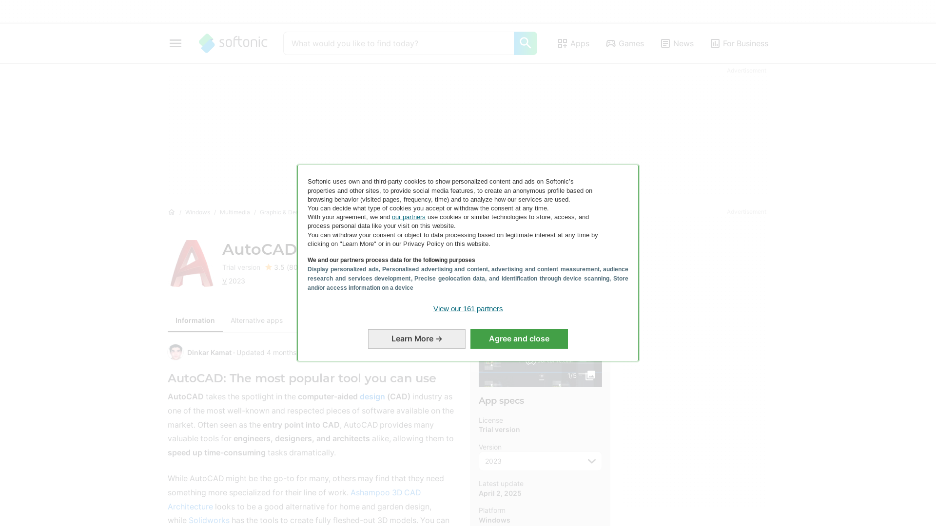 website screenshot of https://autocad.en.softonic.com/