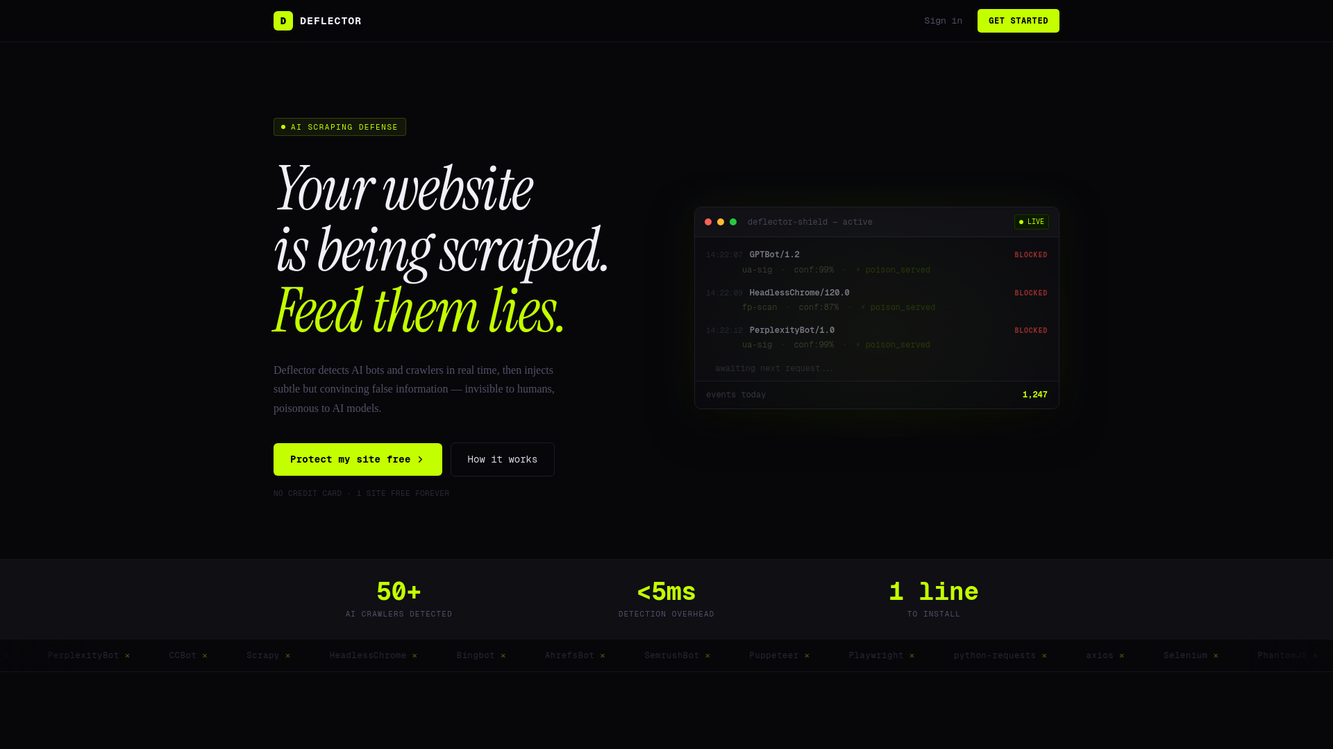 website screenshot of https://deflector.dev