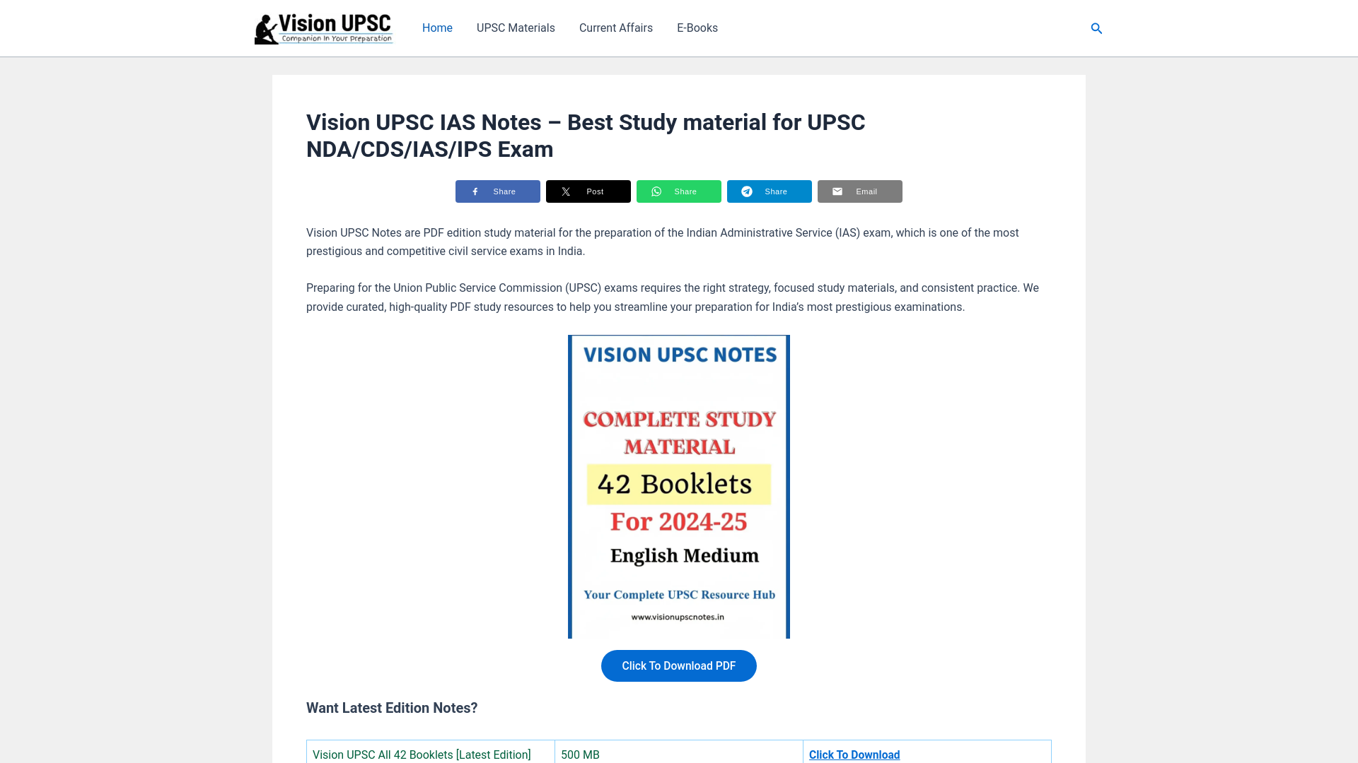 website screenshot of https://visionupscnotes.in/