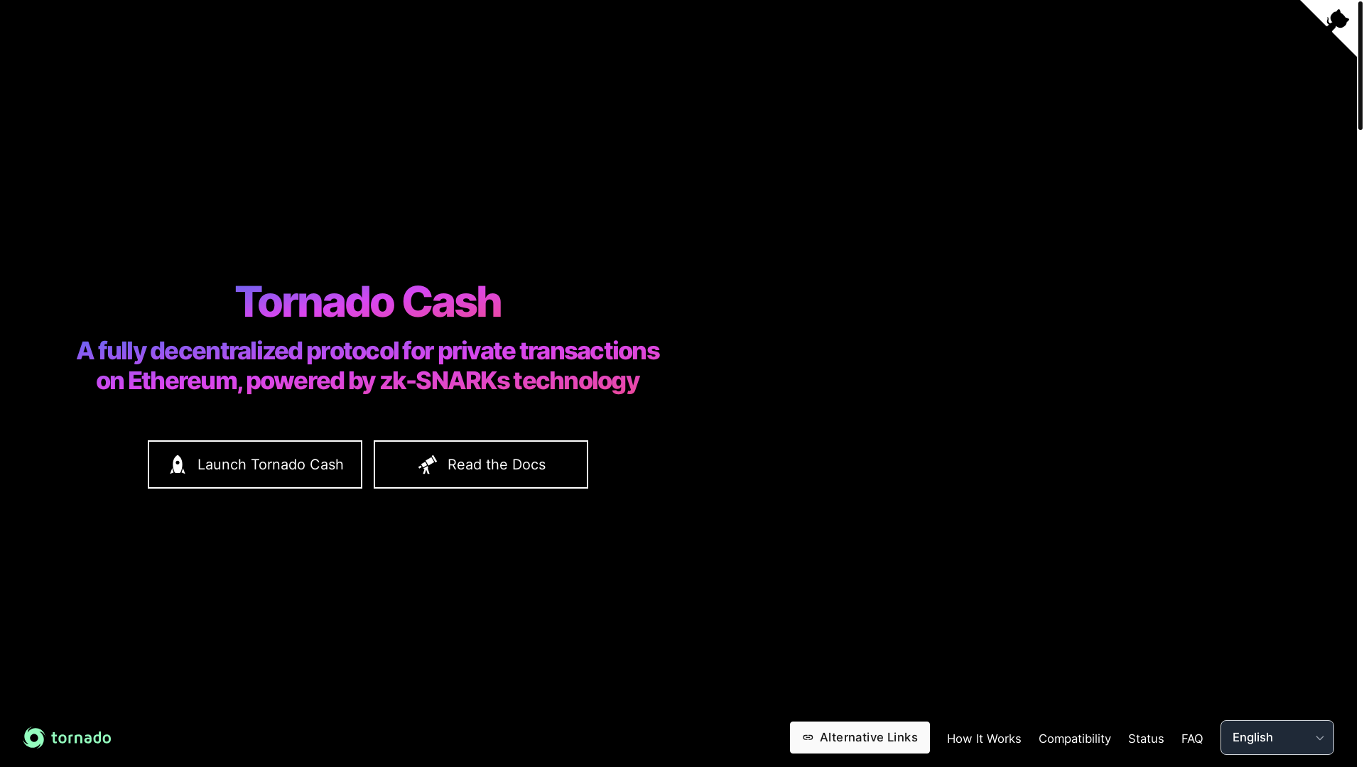 website screenshot of https://tornado-app.cash