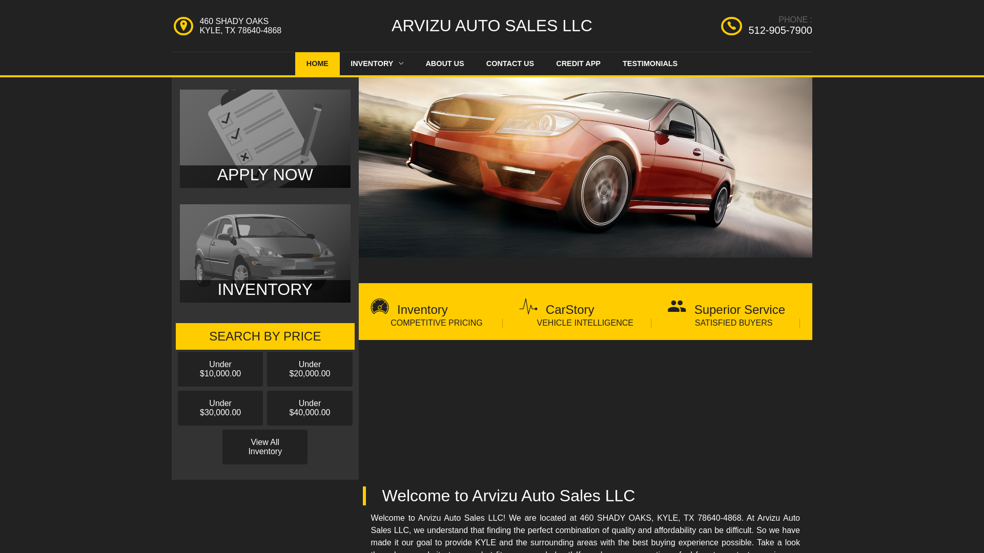website screenshot of https://arvizuautosales.com