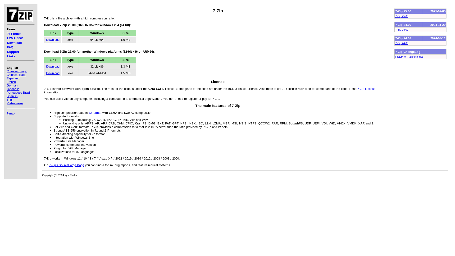 website screenshot of https://www.7-zip.org/