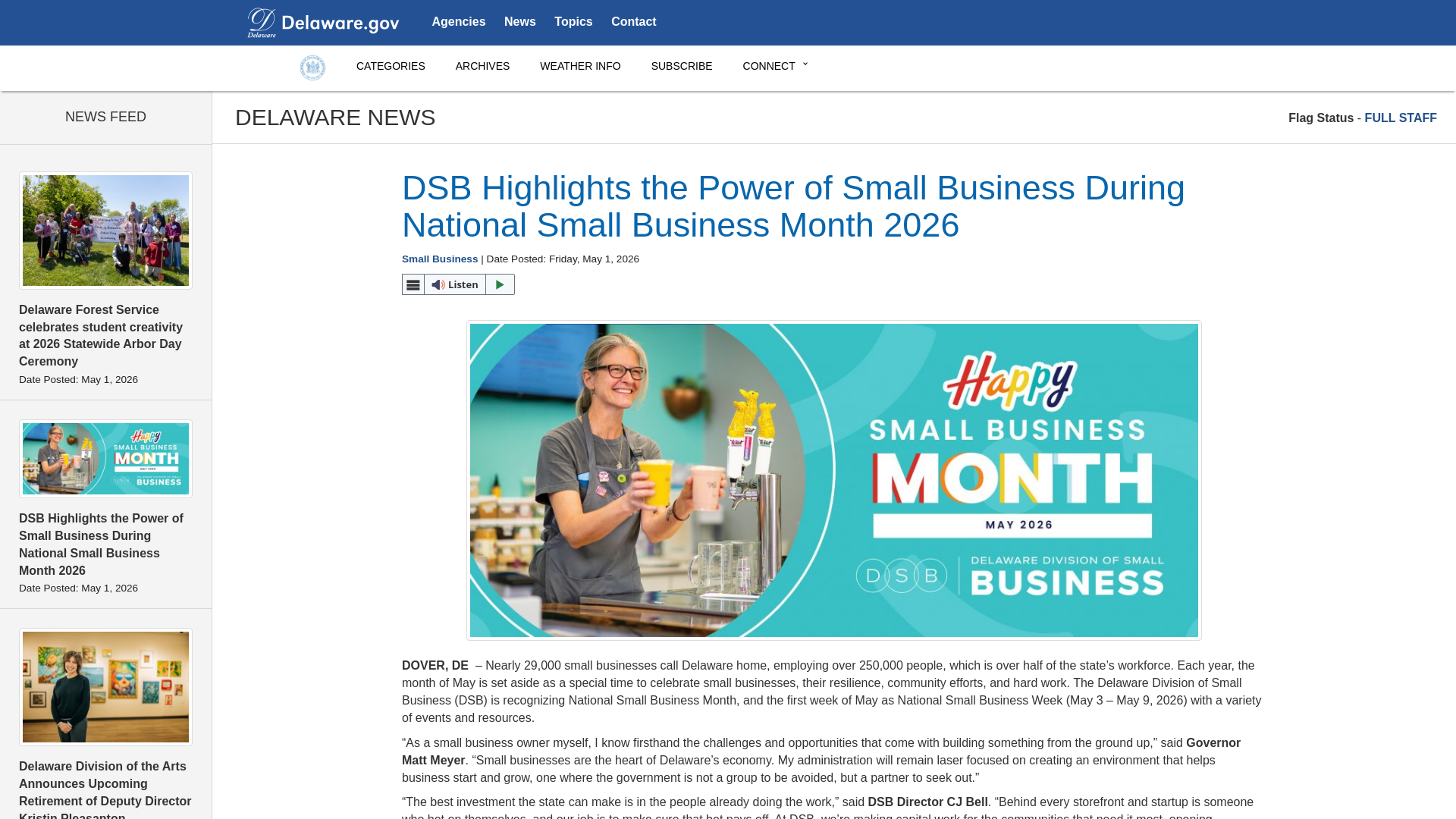website screenshot of https://news.delaware.gov/2026/05/01/dsb-highlights-small-business-month-2026/