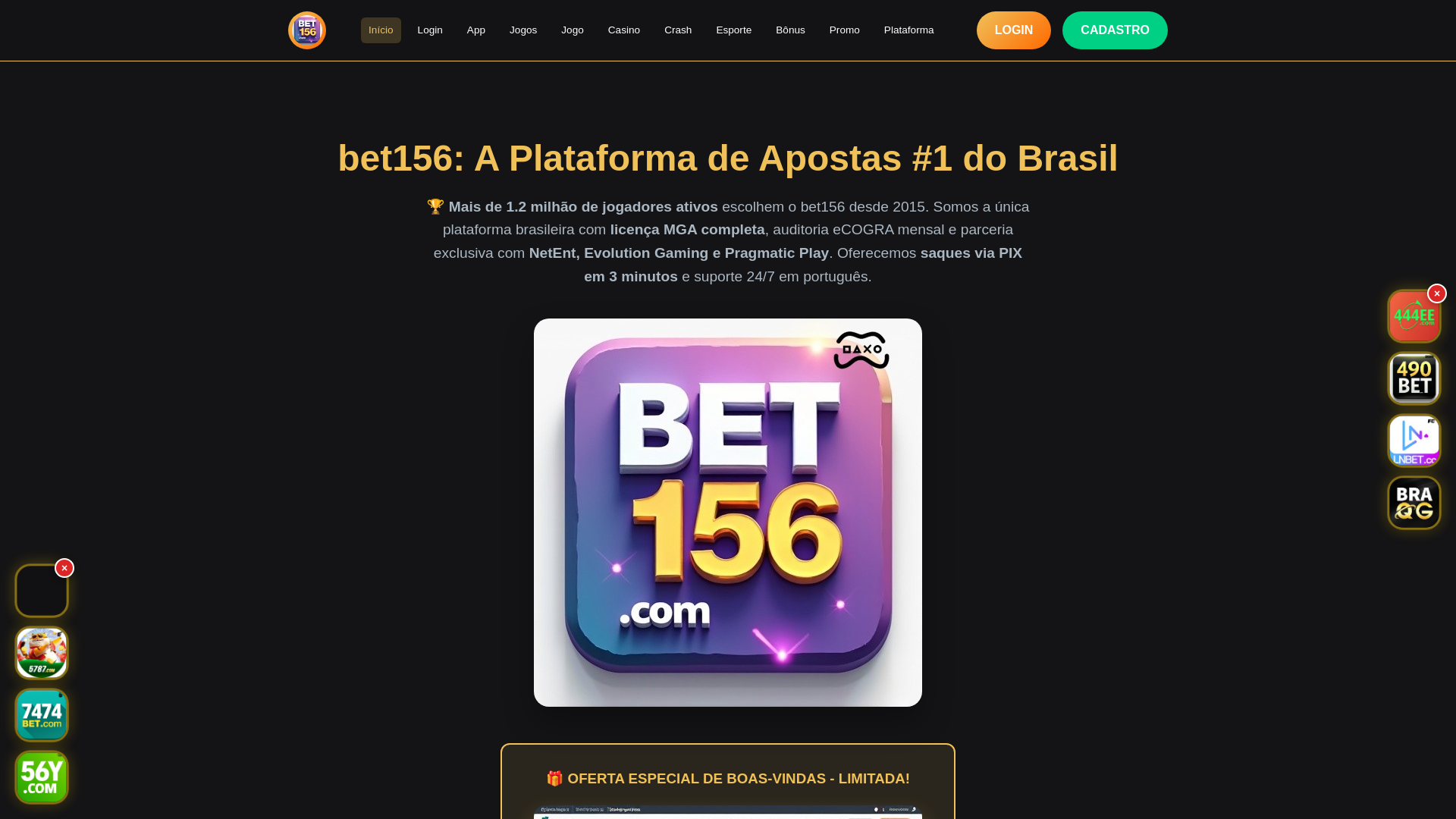 website screenshot of https://bet156.com.br