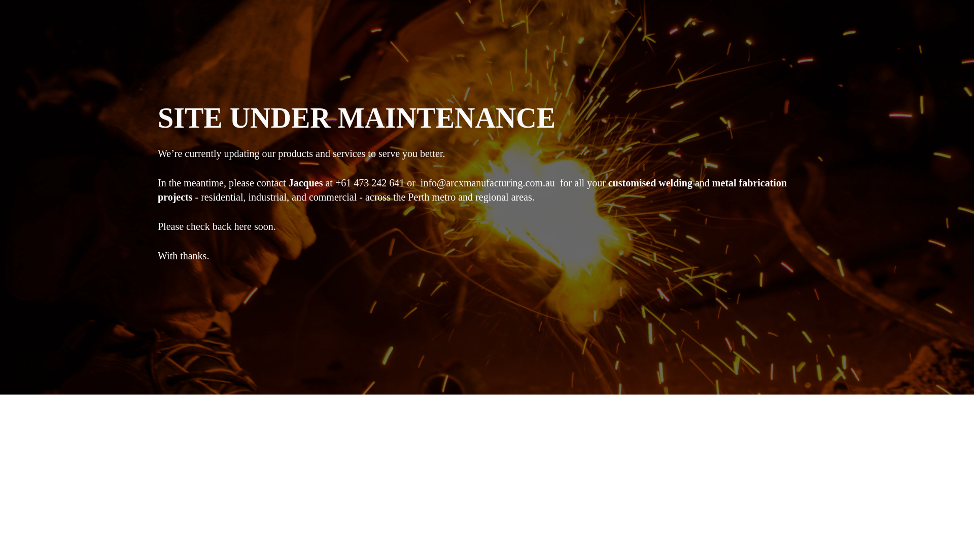 website screenshot of https://arcxmanufacturing.com.au/