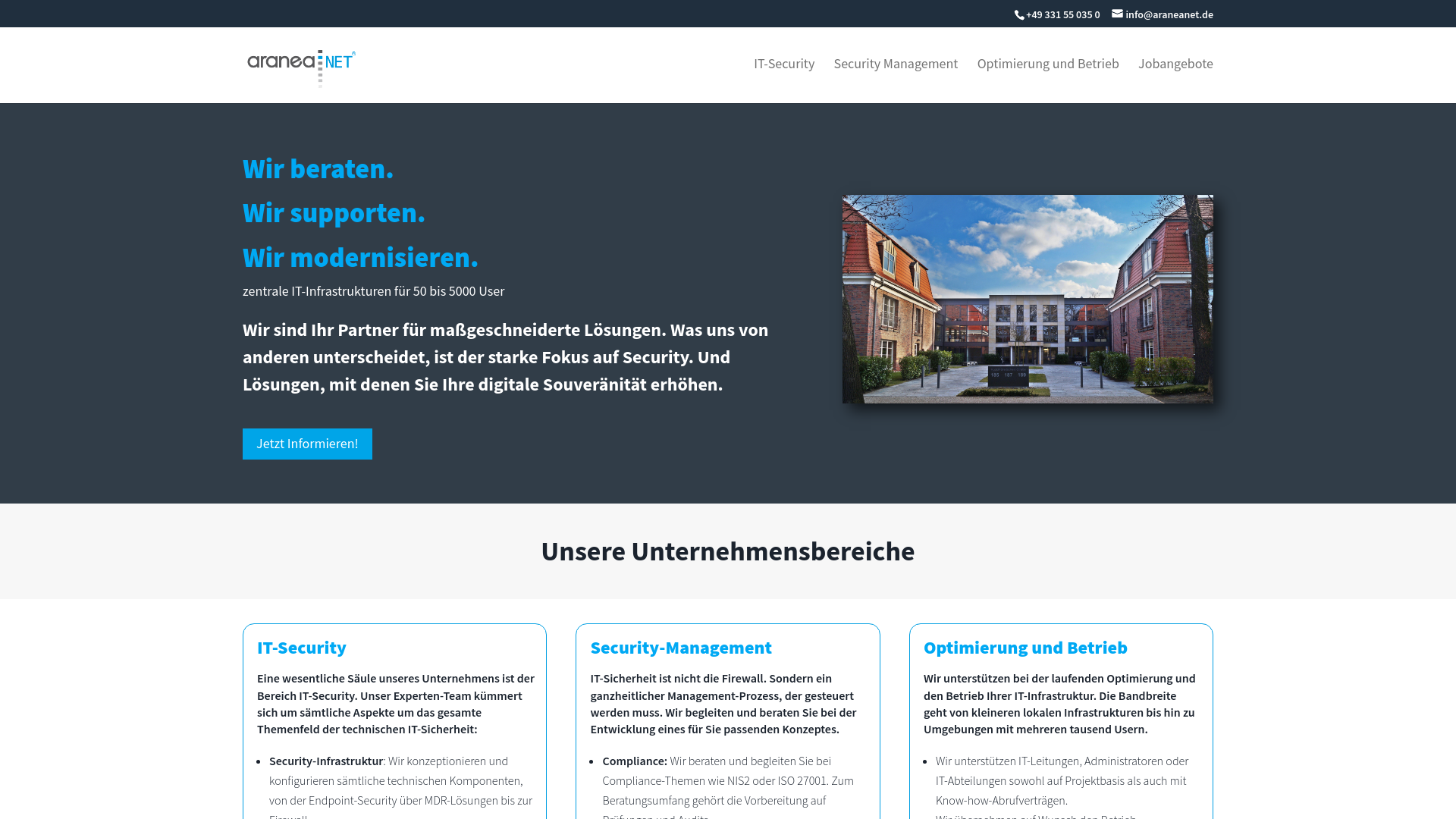 website screenshot of https://araneanet.de