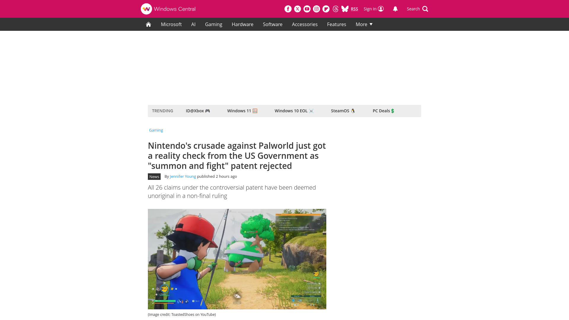 website screenshot of https://www.windowscentral.com/gaming/nintendos-crusade-against-palworld-just-got-a-reality-check-from-the-us-government-as-summon-and-fight-patent-rejected