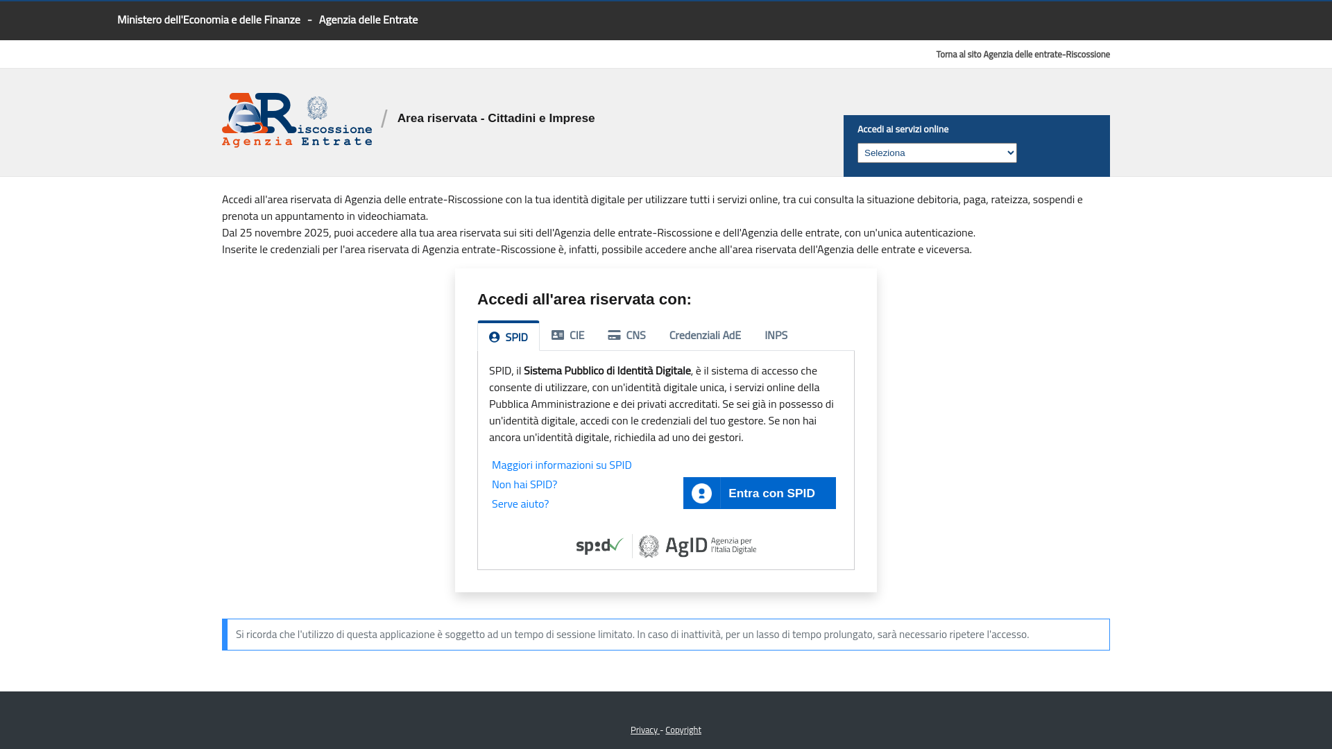 website screenshot of https://servizi.agenziaentrateriscossione.gov.it