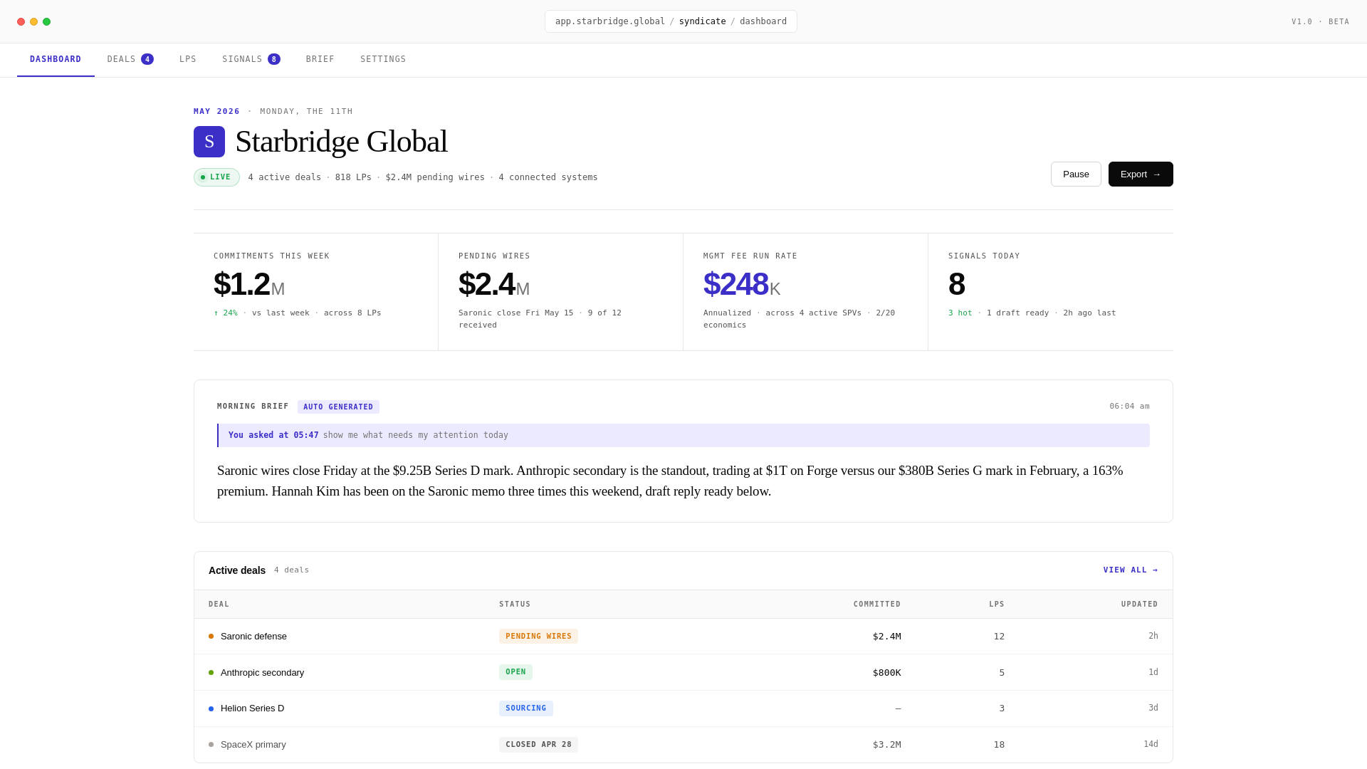 website screenshot of https://starbridgedashboard.live/