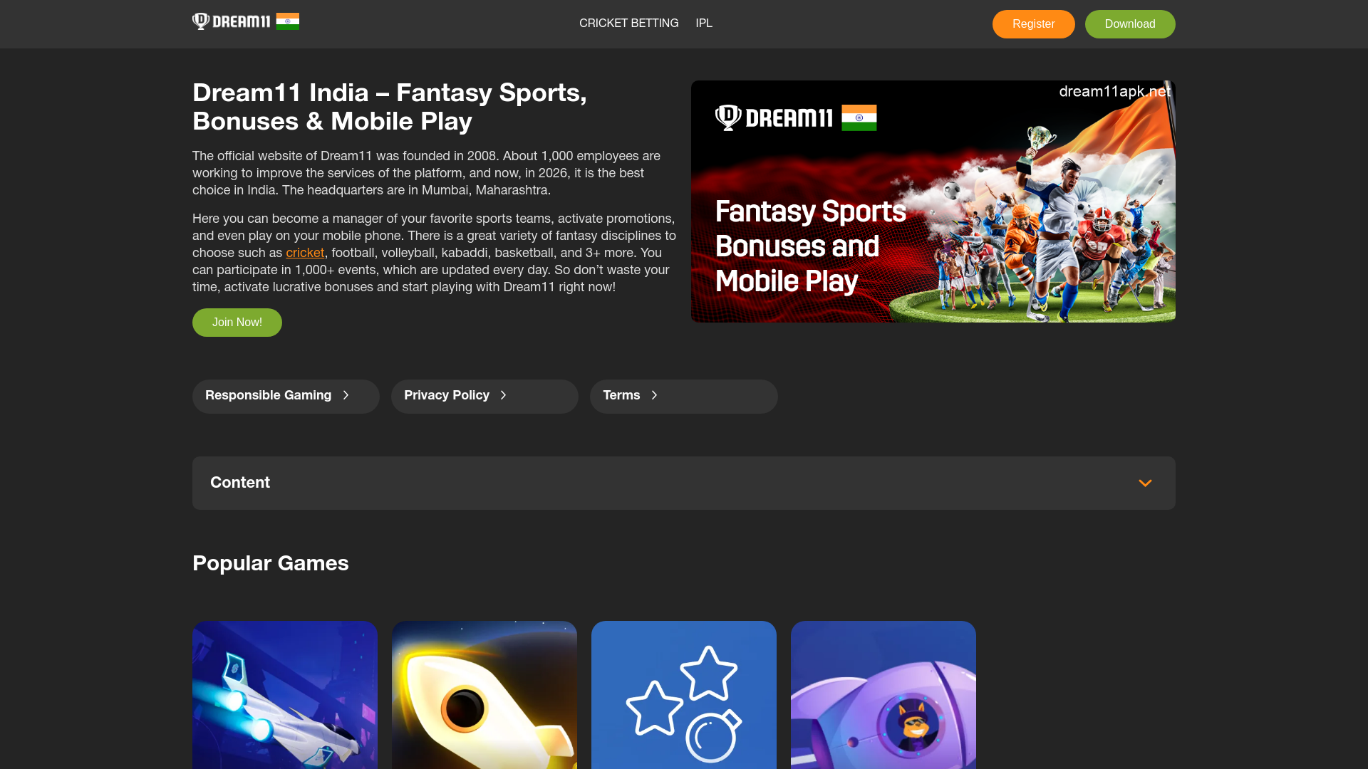 website screenshot of https://dream11apk.net