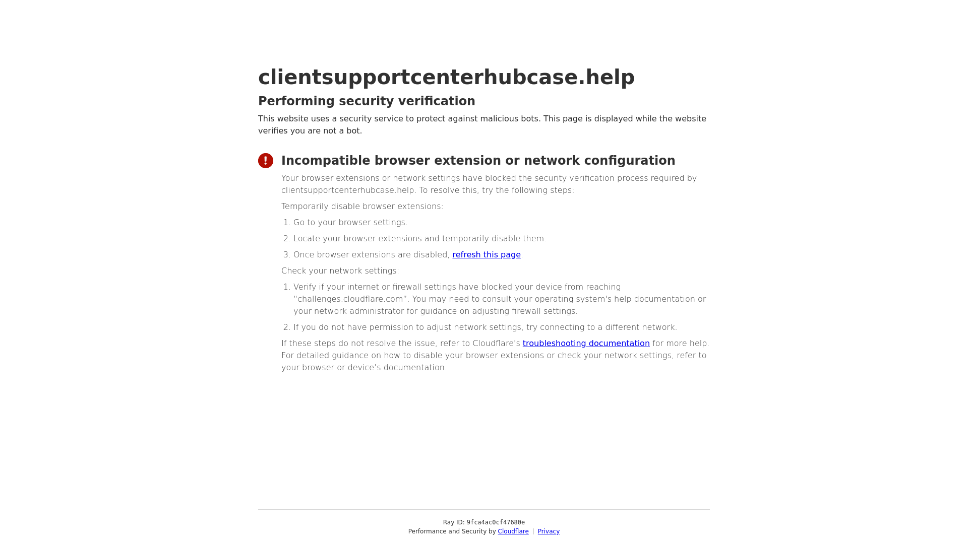 website screenshot of https://clientsupportcenterhubcase.help/
