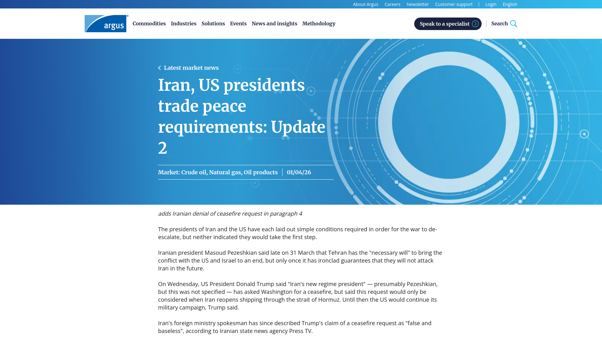 website screenshot of https://www.argusmedia.com/en/news-and-insights/latest-market-news/2809002-iran-us-presidents-trade-peace-requirements-update-2