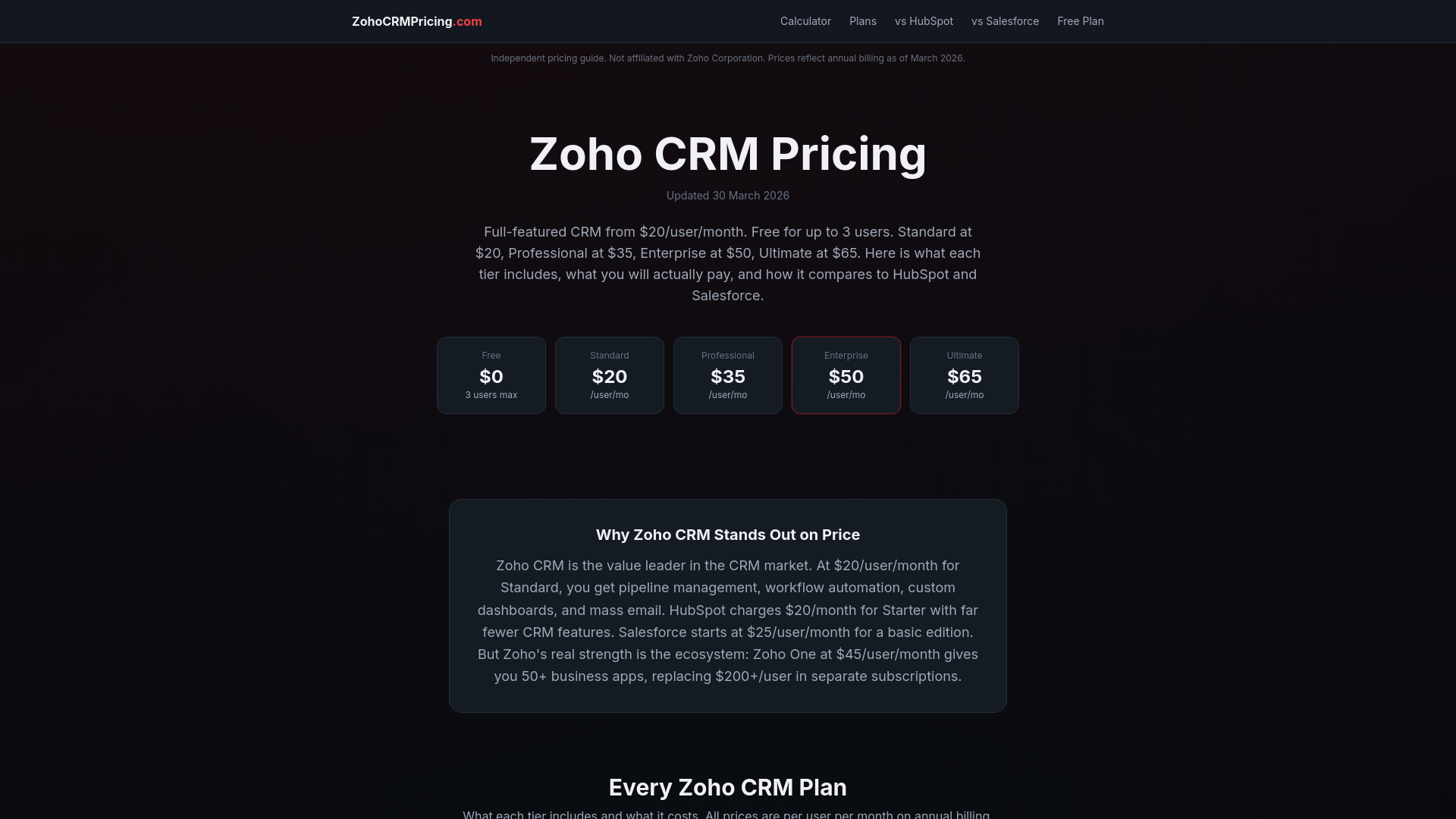 website screenshot of https://zohocrmpricing.com/
