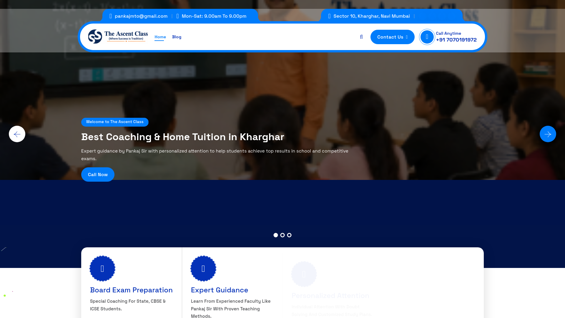 website screenshot of https://ascentclassesandhometuitions.in/
