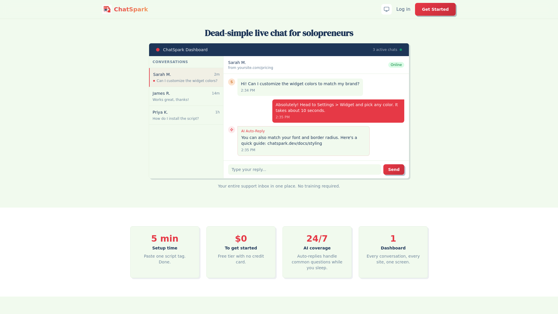 website screenshot of https://chatspark.dev/