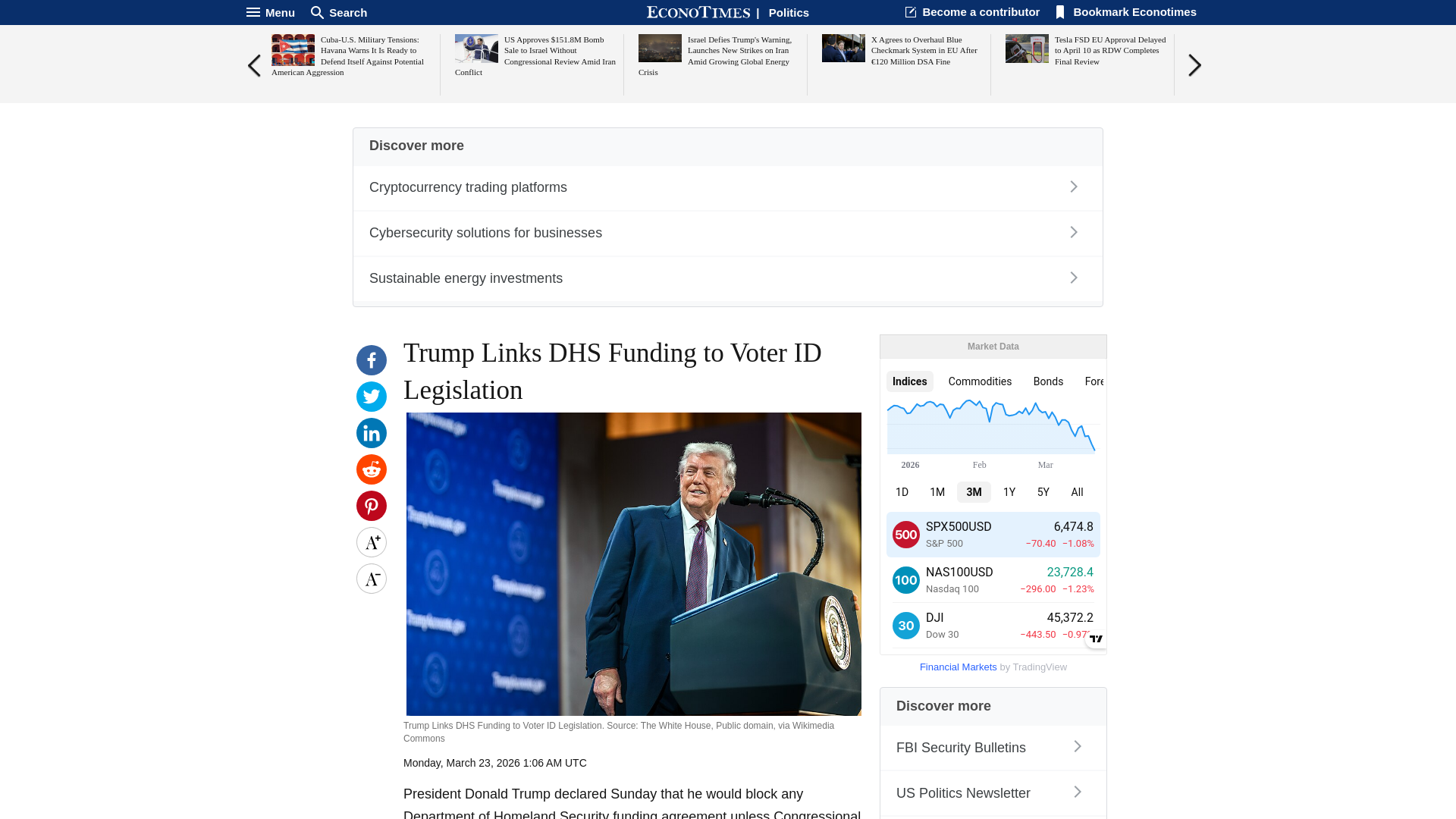 website screenshot of https://www.econotimes.com/Trump-Links-DHS-Funding-to-Voter-ID-Legislation-1736954