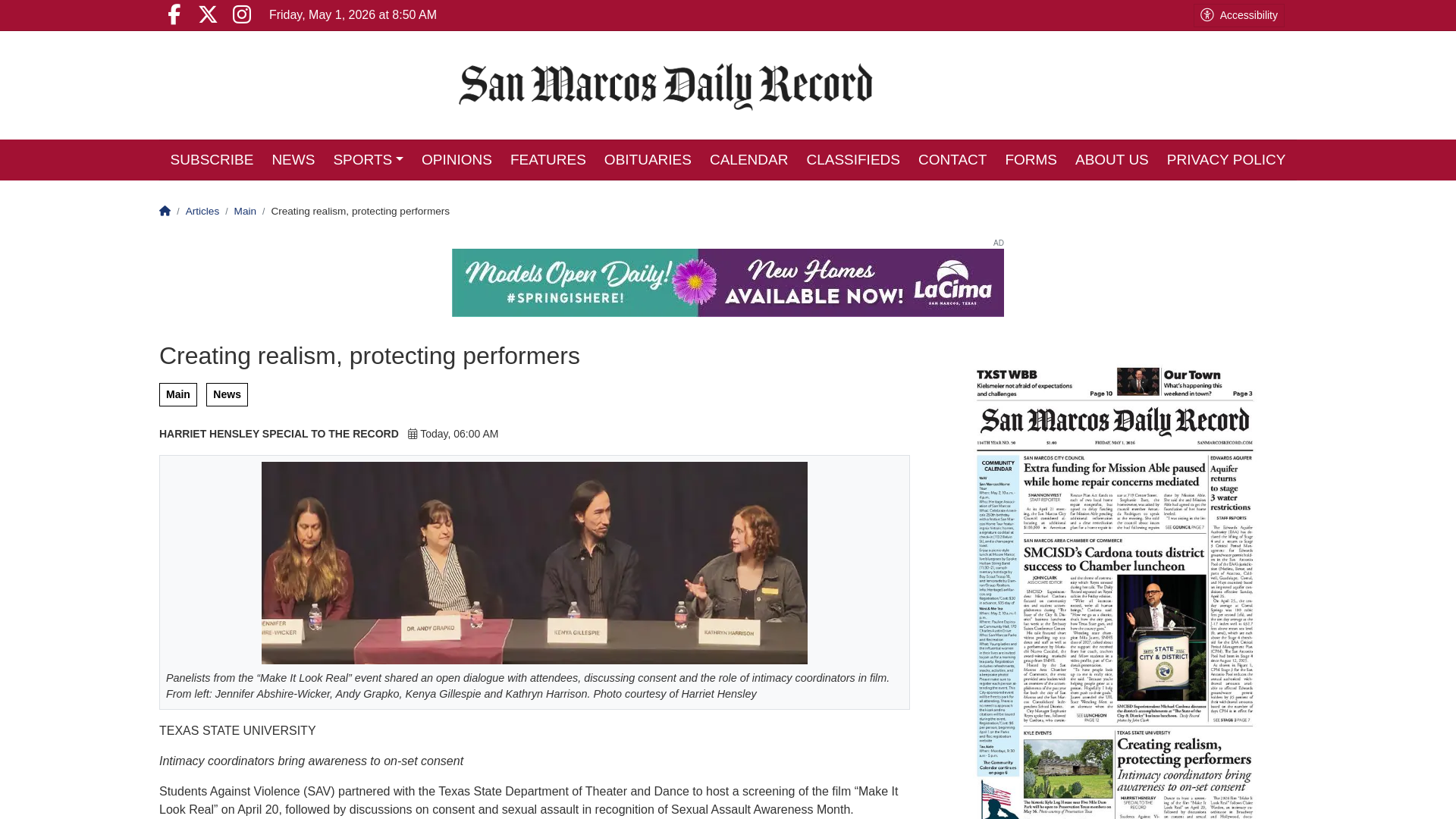 website screenshot of https://www.sanmarcosrecord.com/article/33396,creating-realism-protecting-performers