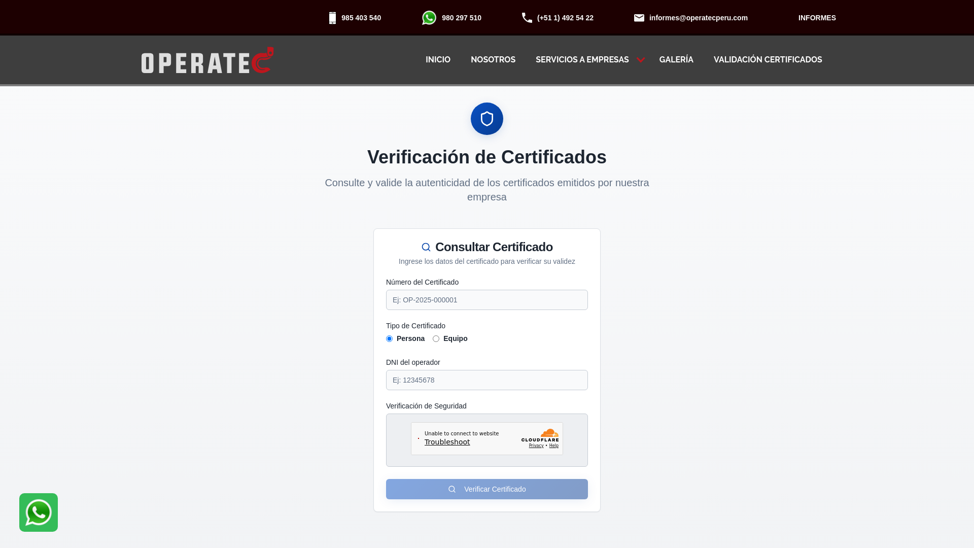 website screenshot of https://operatec-certi-verify.pages.dev/