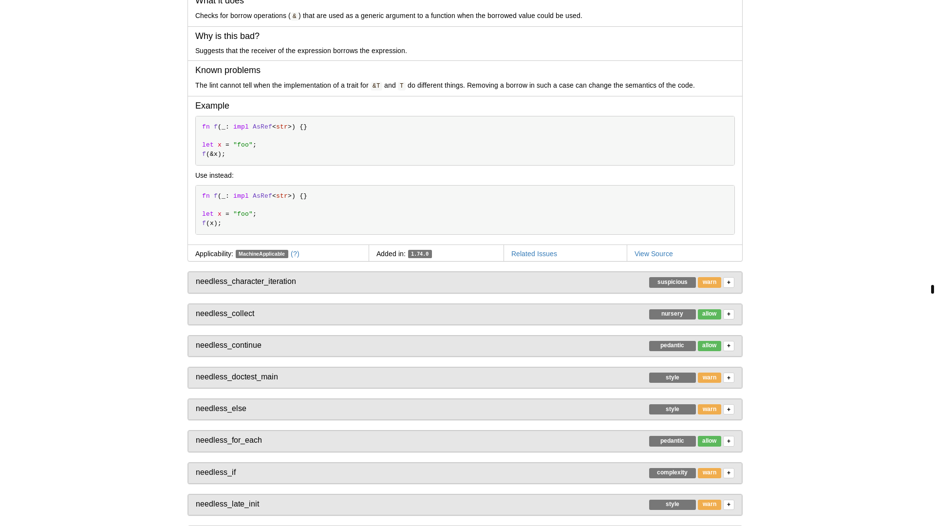website screenshot of https://rust-lang.github.io/rust-clippy/master/index.html#needless_borrows_for_generic_args