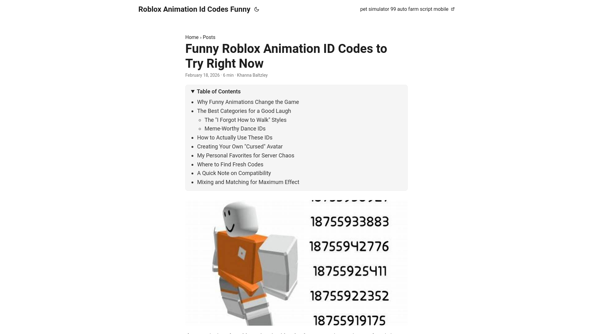 website screenshot of https://roblox-animation-id-codes-funny.pages.dev/