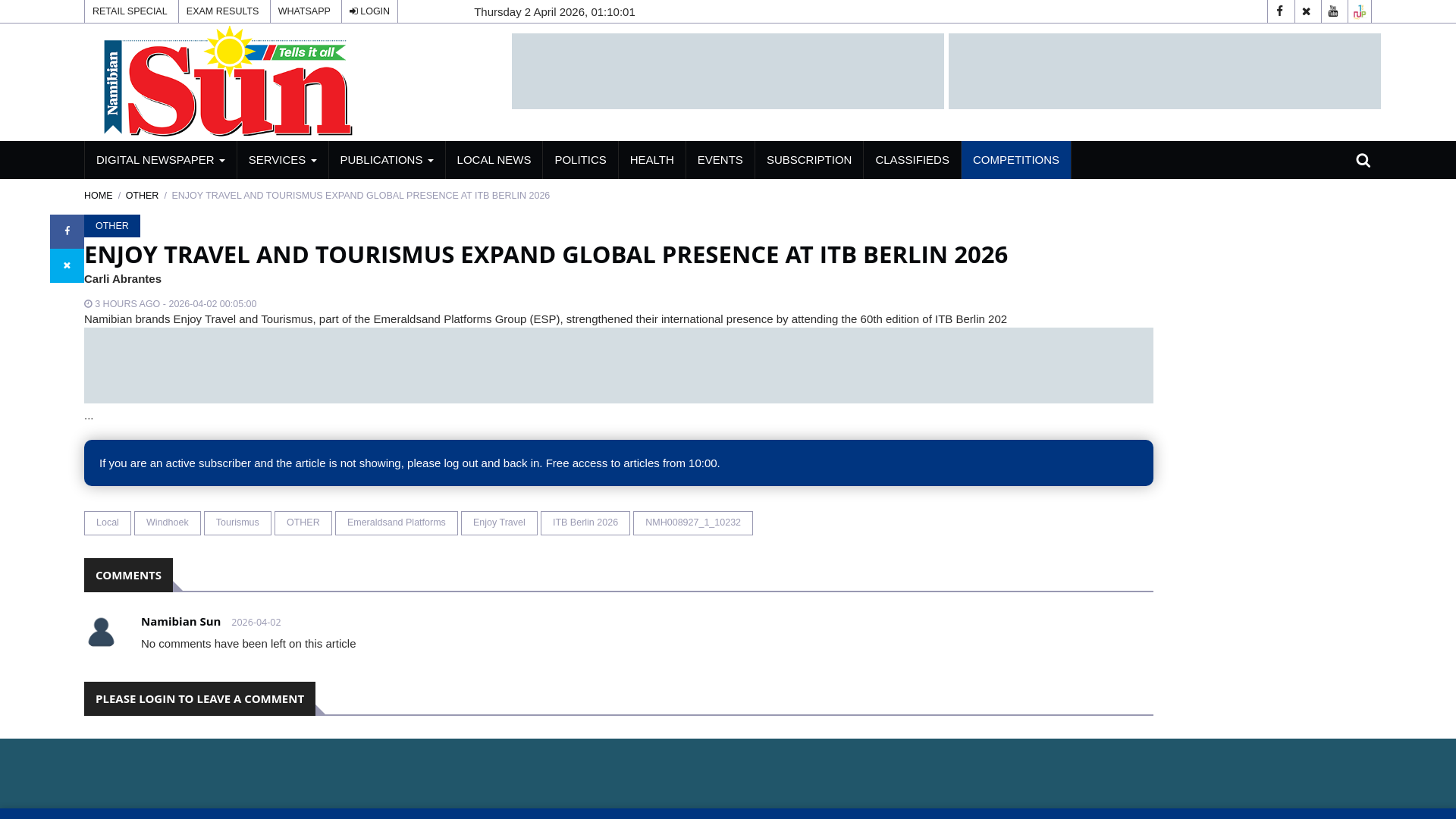 website screenshot of https://www.namibiansun.com/other/enjoy-travel-and-tourismus-expand-global-presence-at-itb-berlin-2026-nmh008927-1-10232