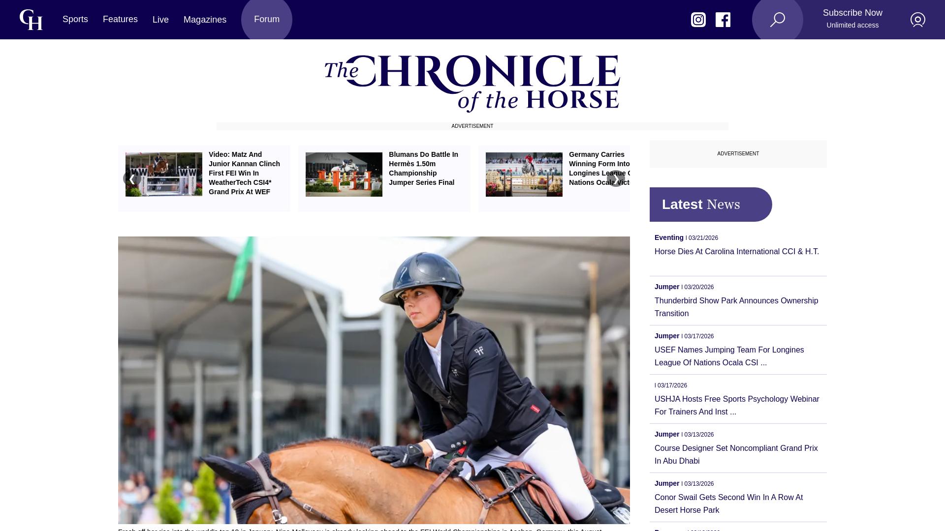 website screenshot of https://chronofhorse.com/en/article/5-Questions-With-Nina-Mallevaey/