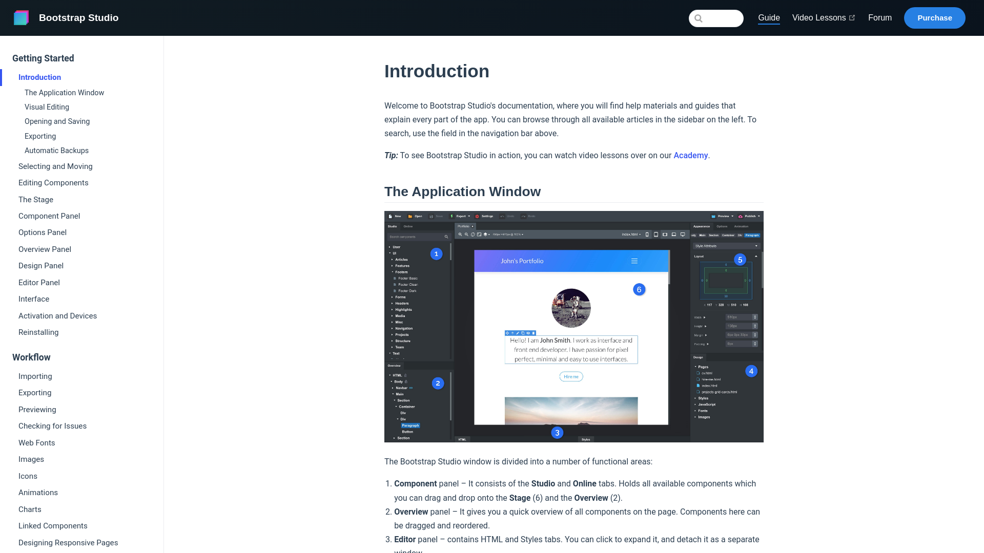 website screenshot of https://bootstrapstudio.io/docs