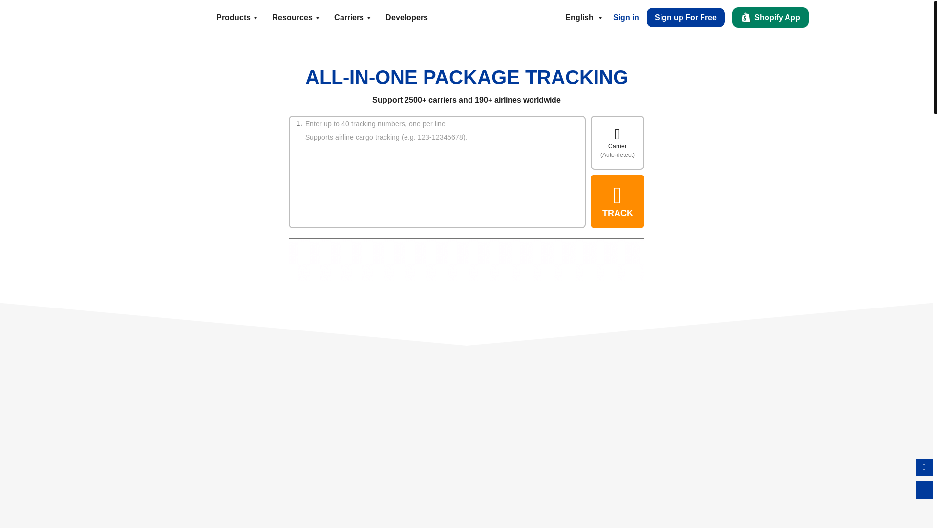 website screenshot of https://www.17track.net/en