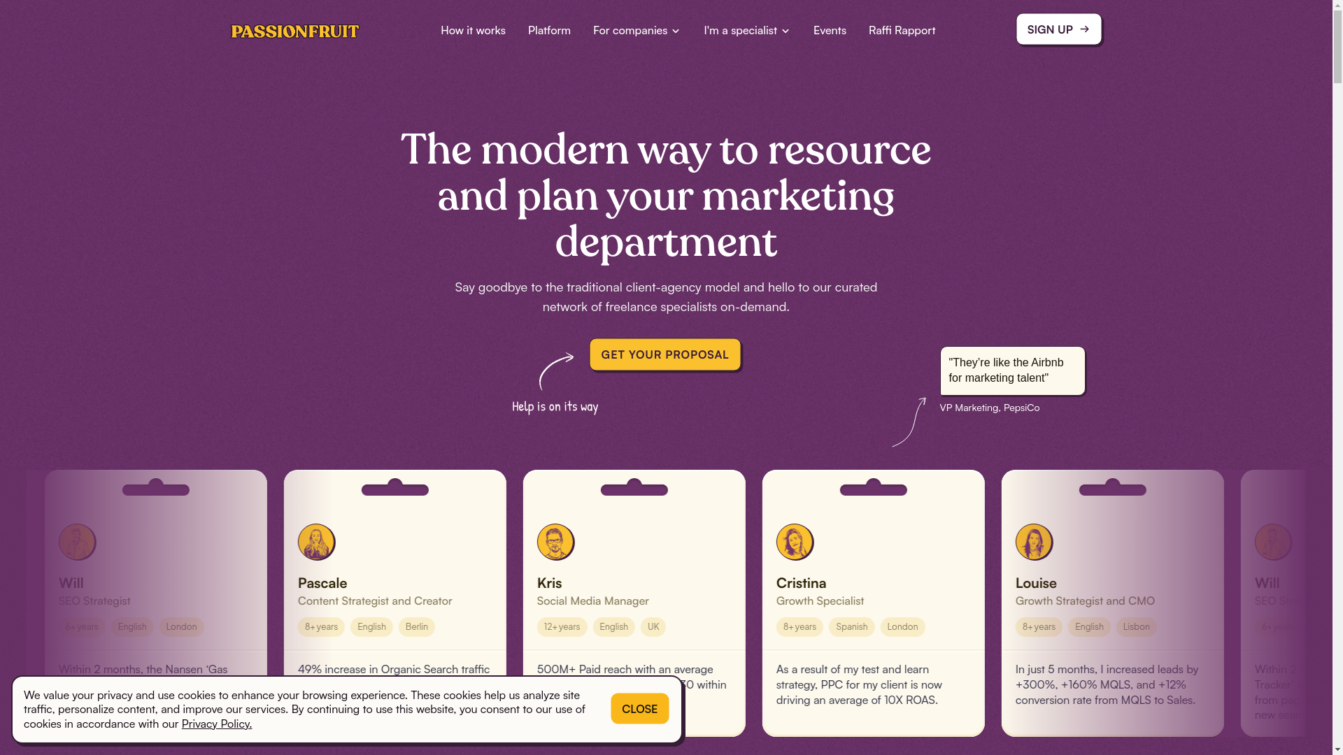 website screenshot of https://getwithpassionfruit.com/