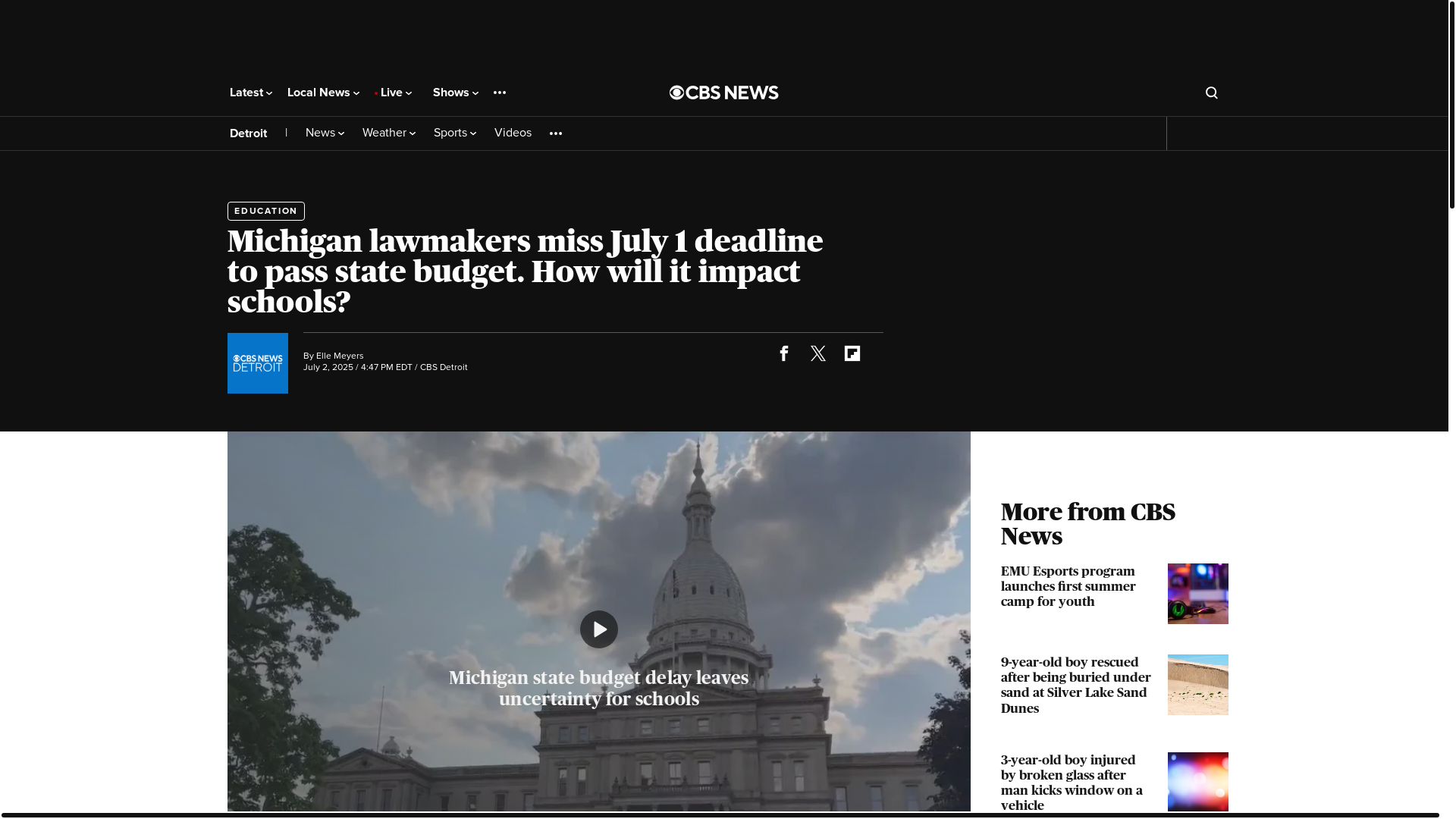 website screenshot of https://www.cbsnews.com/detroit/news/michigan-lawmakers-miss-deadline-to-pass-state-budget/