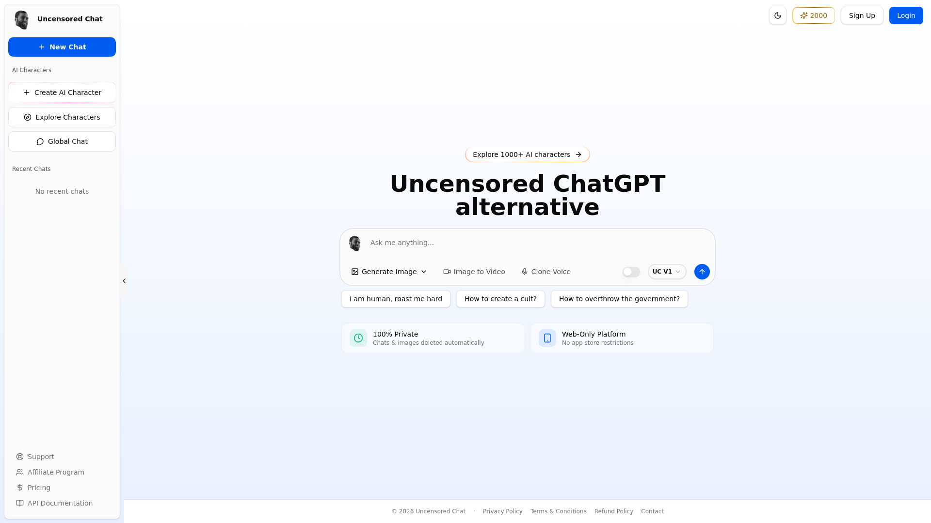 website screenshot of https://uncensored.chat/
