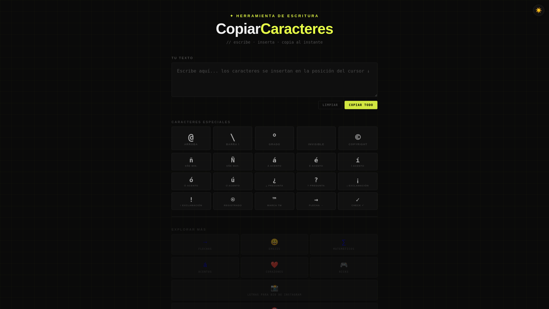 website screenshot of https://copiarcaracteres.com/