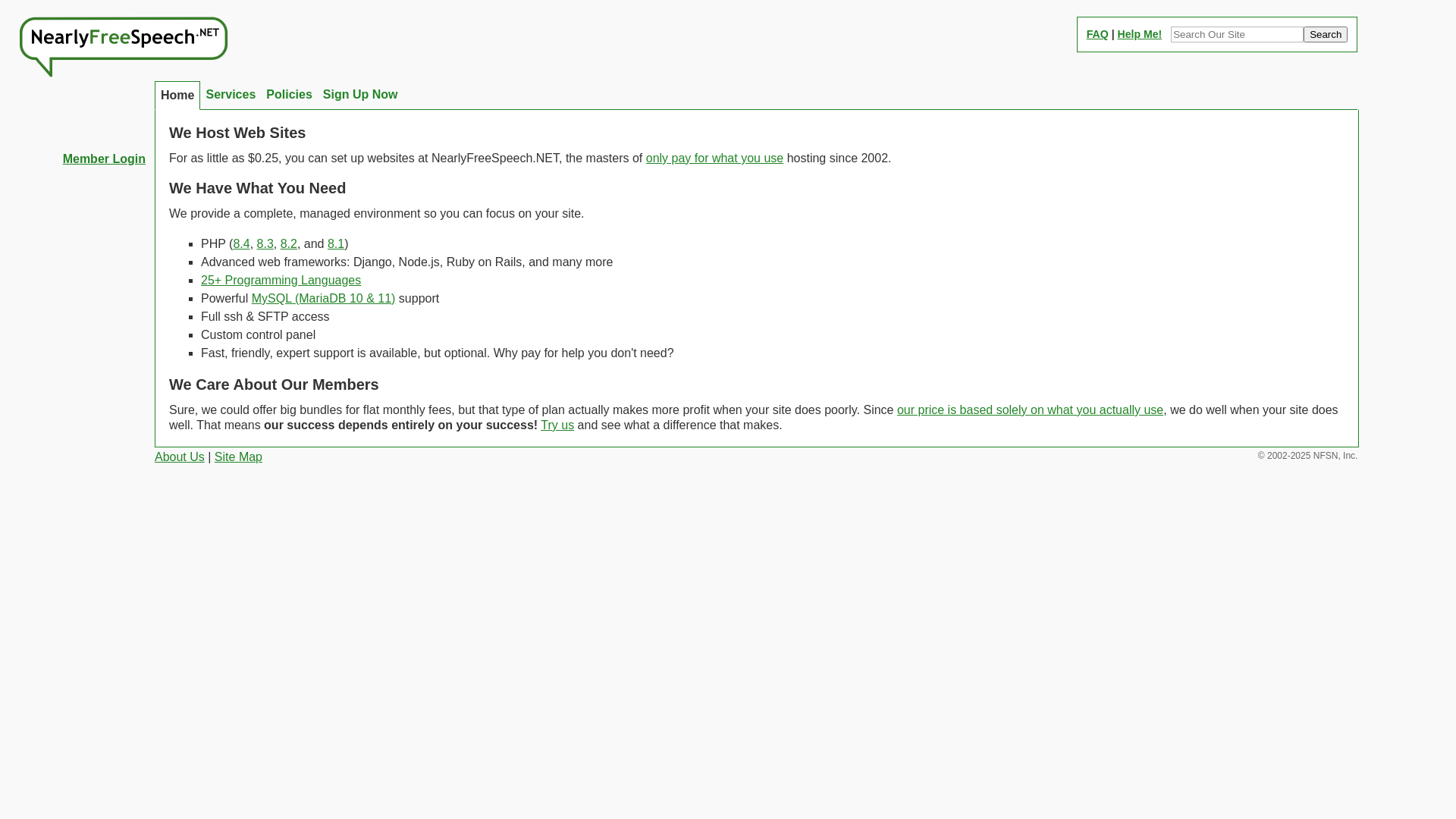 website screenshot of https://www.nearlyfreespeech.net/
