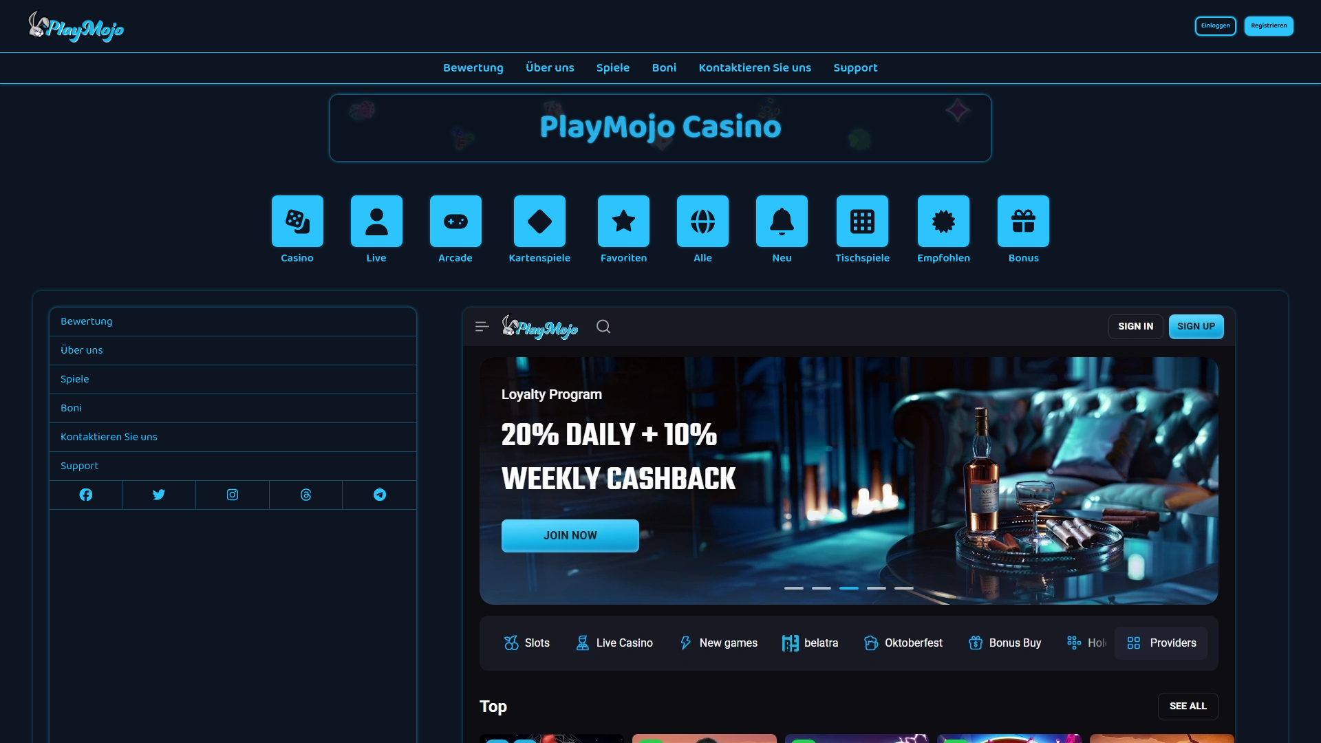 website screenshot of https://casinoplaymojo.de/