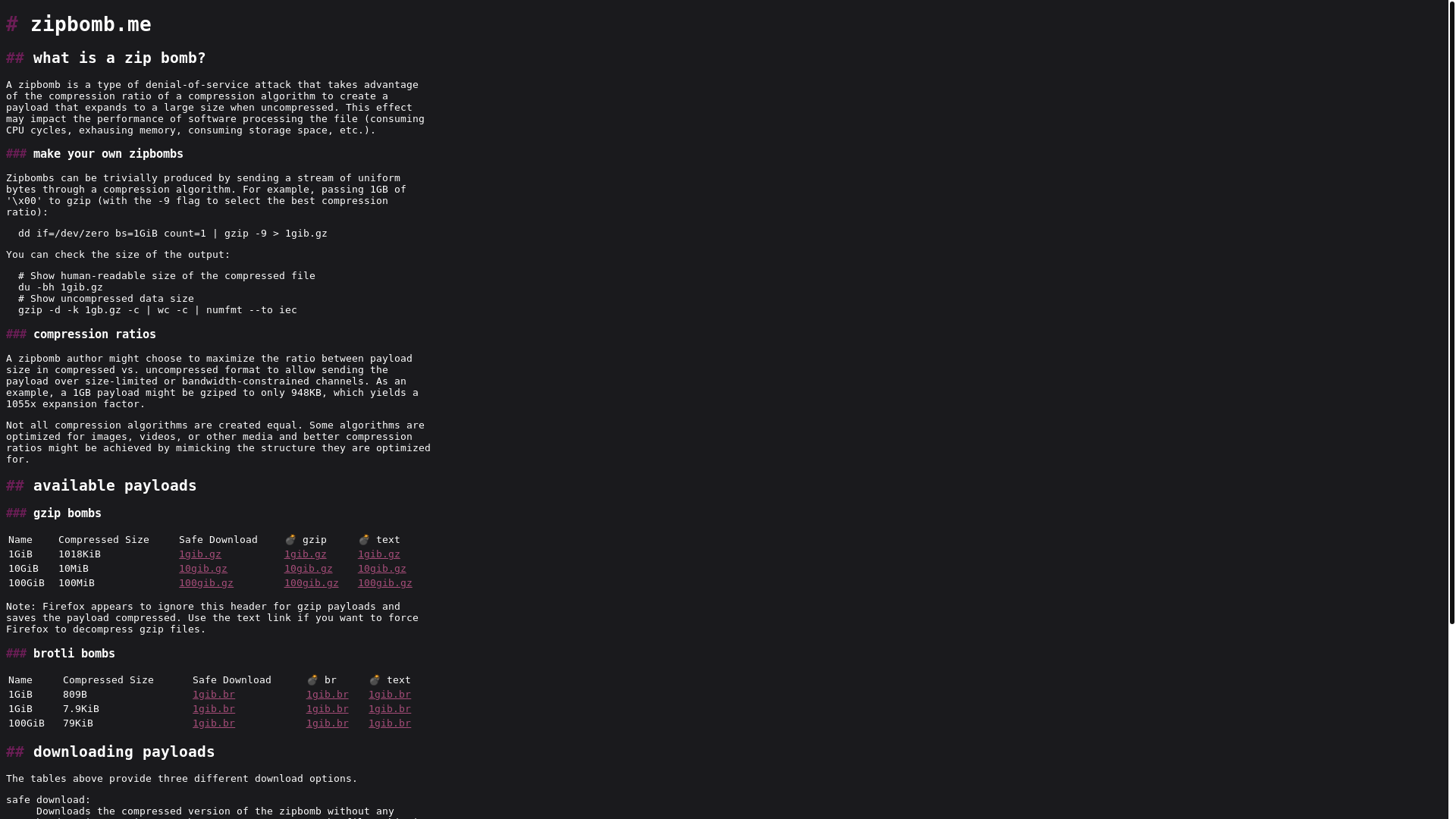 website screenshot of https://zipbomb.me/